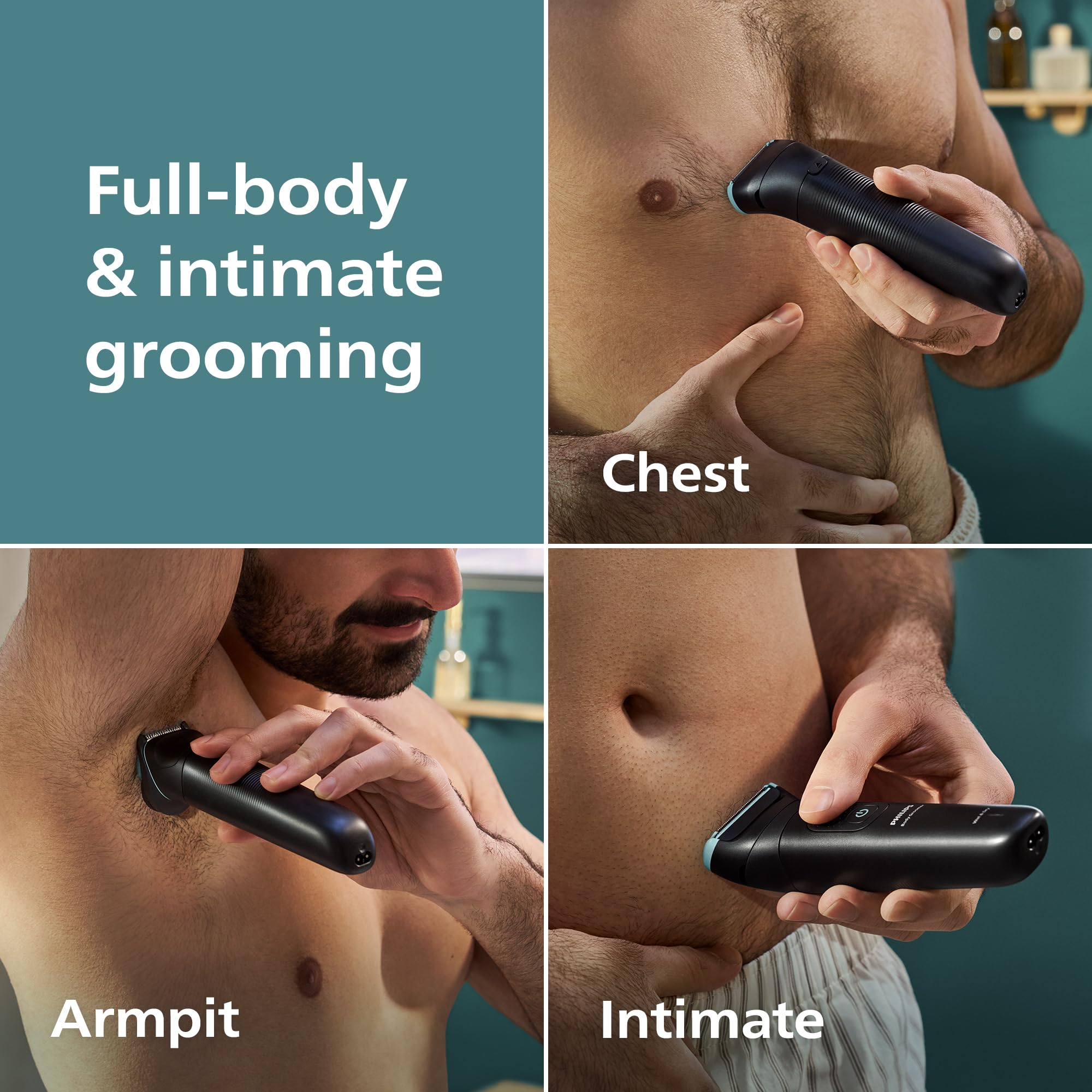 Philips Norelco Body Groomer 5000 Series, rasoio e regolabarba per capelli intimi da uomo con finiture intercambiabili e regolabili, testine di rasatura integrali, 100% impermeabile, BG5490/50