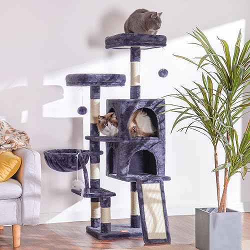 Miniatura 3 de Heybly Torre para gatos de interior, muebles para gatos de varios niveles con tabla de rascar, gris ahumado HCT012G