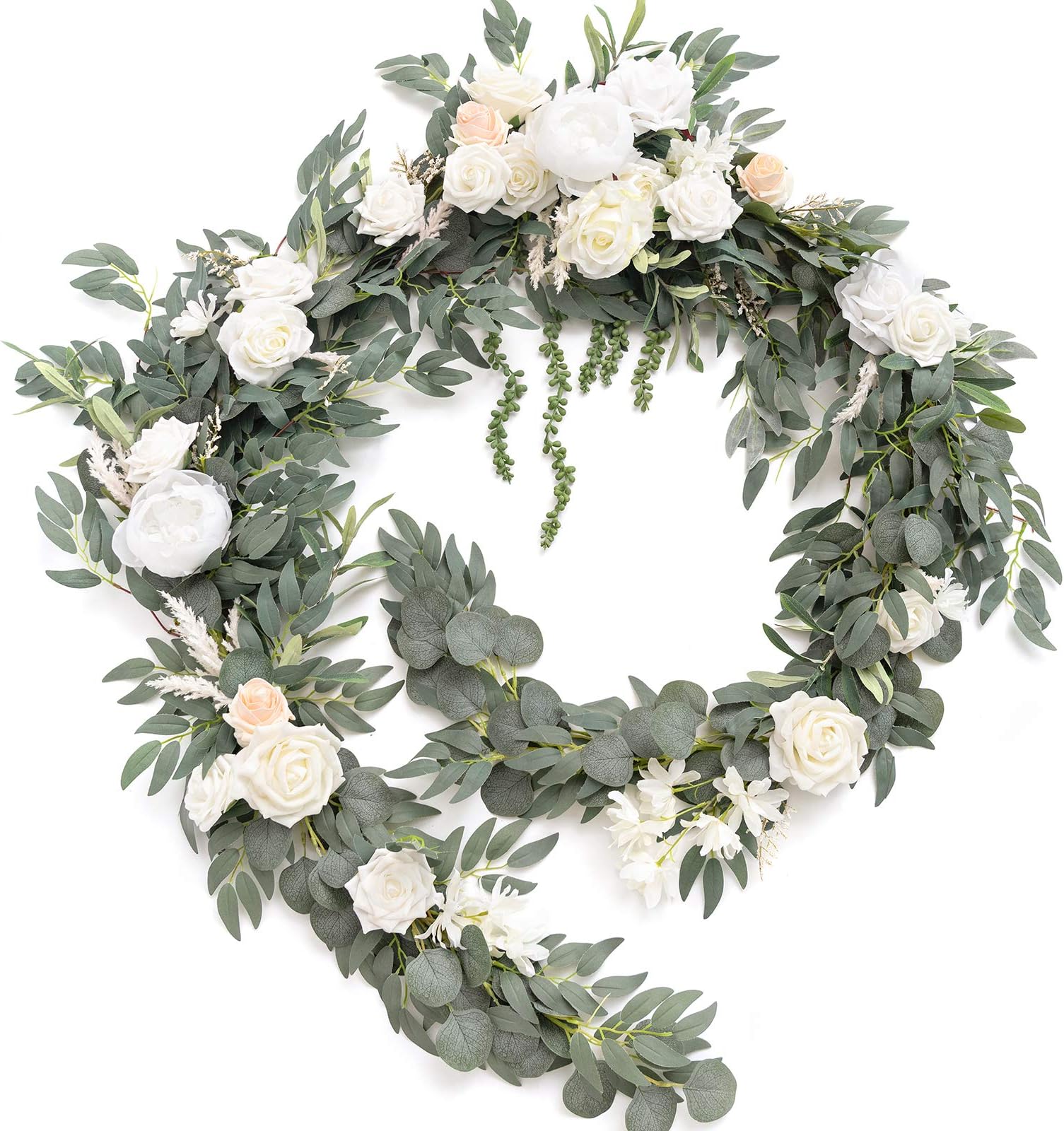 Ling's moment 9FT Spring Flower Garland for Backdrop Decorations - Wedding Arch Flowers, Eucalyptus & Rose, Artificial Floral Garland for Mantel - Sweetheart Table Decor for Reception, White & Sage