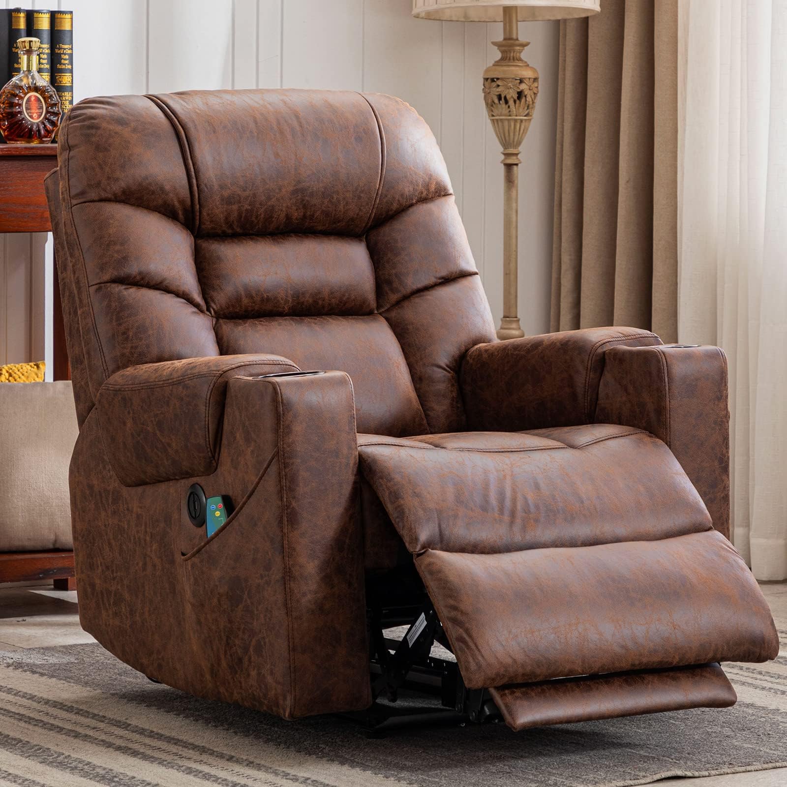 ANJ Power Recliner Chair Safety Motion Reclining Chair for Adults - Heavy Duty Faux Leather Overstuffed Sofa for Living Room with Side Pocket (Chocolate)