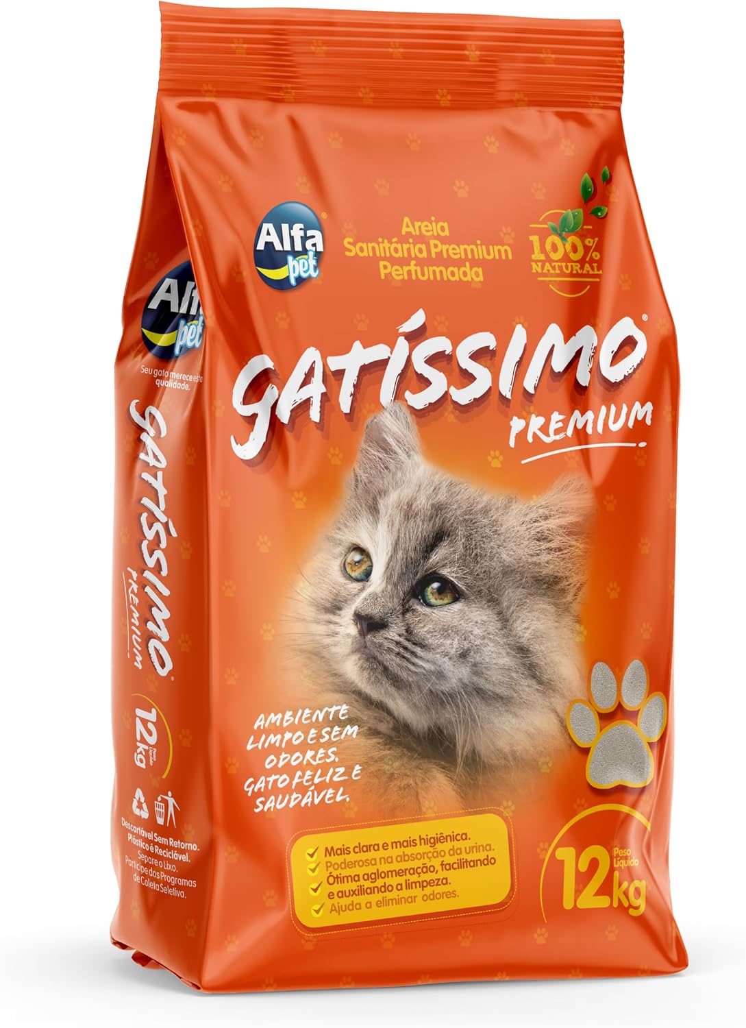 Areia Sanitária Premium Fina com Carvão Ativado e Perfumada, Pacote de 12Kg, Linha Gatíssimo, Alfapet.
