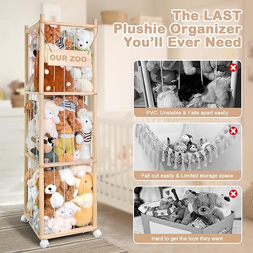 Miniatura 3 de Almacenamiento de animales de peluche, bonito soporte de madera para juguetes de zoológico con ruedas de freno, organizador de juguetes de ahorro de