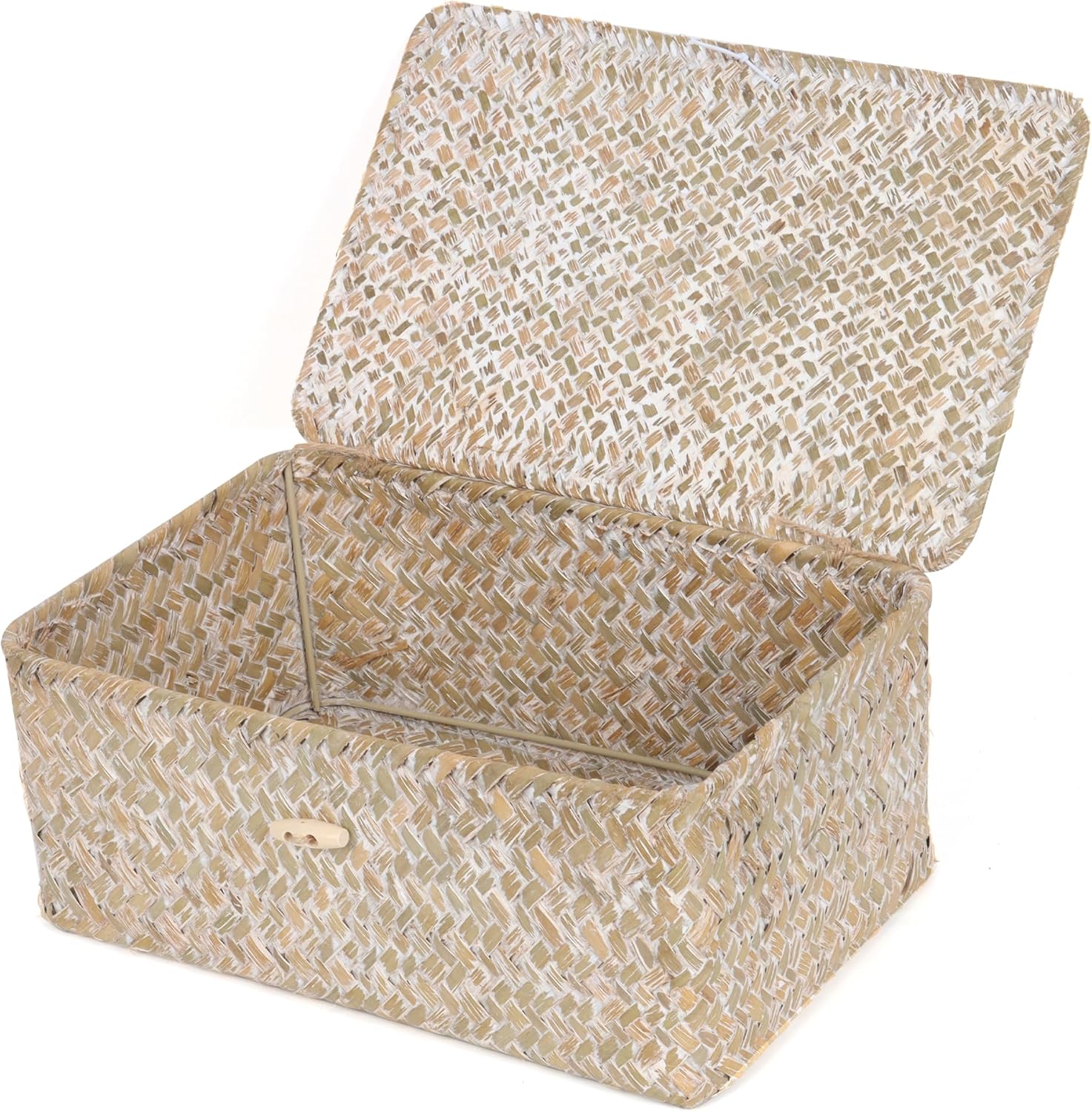 FEIALNDUO Wicker Shelf Baskets with Lid,Seagrass Storage Basket Bins Rectangular Handwoven Basket Boxes for Shelves Desktop Home Organizer (Whitewash, Medium)