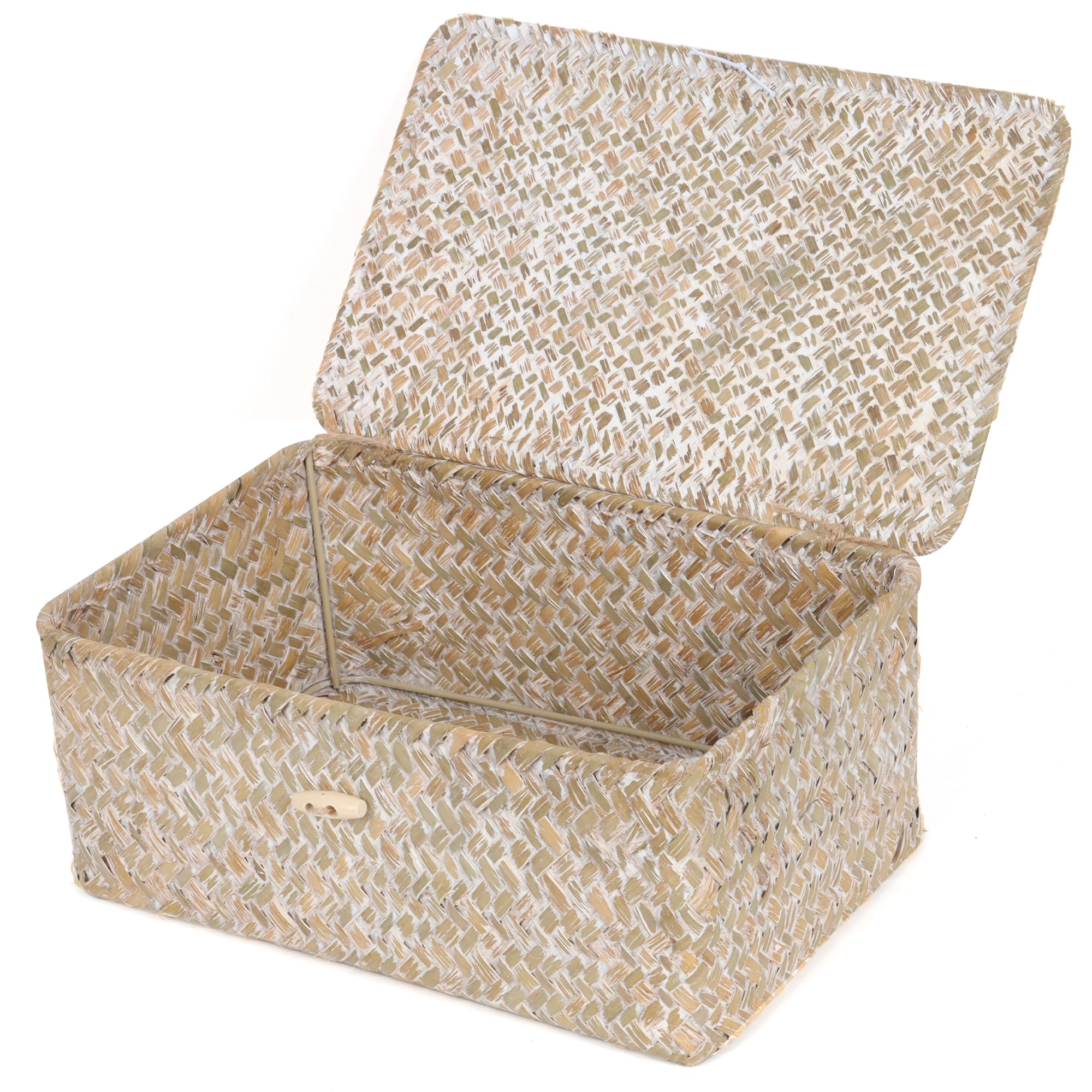 FEIALNDUO Wicker Shelf Baskets with Lid,Seagrass Storage Basket Bins Rectangular Handwoven Basket Boxes for Shelves Desktop Home Organizer (Whitewash, Medium)