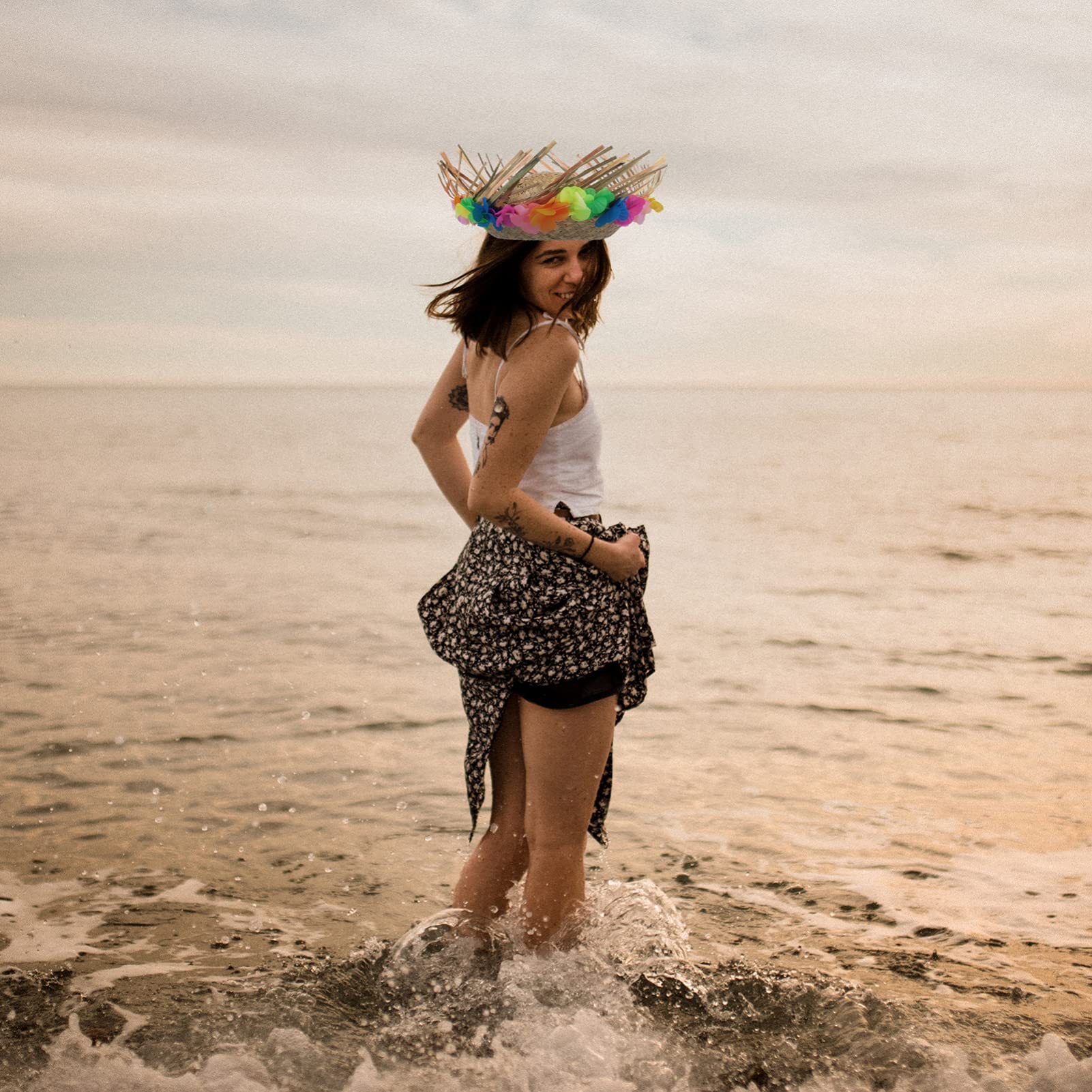 NOLITOY Sombreros hawaianos de paja para adultos, divertido sombrero de fiesta con ribete floral, suministros de fantasía hawaianos para fiestas de verano, disfraces, accesorios de decoración