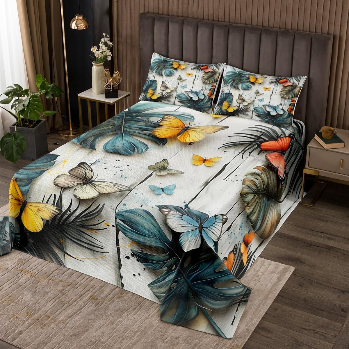 Homewish Purple Flower Fox Bedspread Twin Size,Blossom Flower Wildlife Bedding Set for Kids Boys Girls Room Decor,Nature Plant Boho Coverlet Set 2Pcs,Tie Dyeing Watercolor Animal Quilt,1 Pillowcase