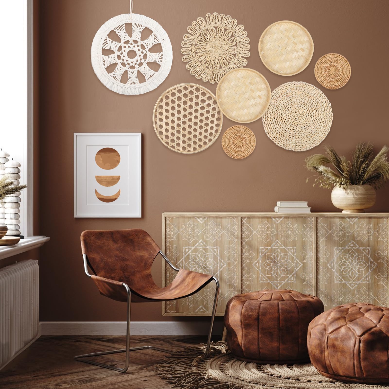 3 Cesti Intrecciati Da Parete In Rattan - Decorazione Boho Per Casa