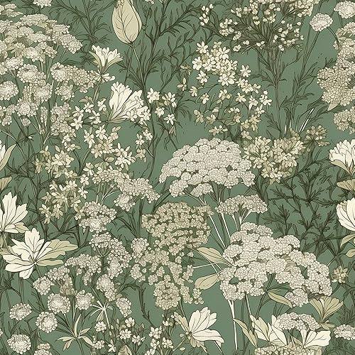 Miniatura 1 de MuralPeel Papel tapiz vintage con diseño de flores silvestres y flores silvestres blancas y verde azulado para despegar y pegar, autoadhesivo,