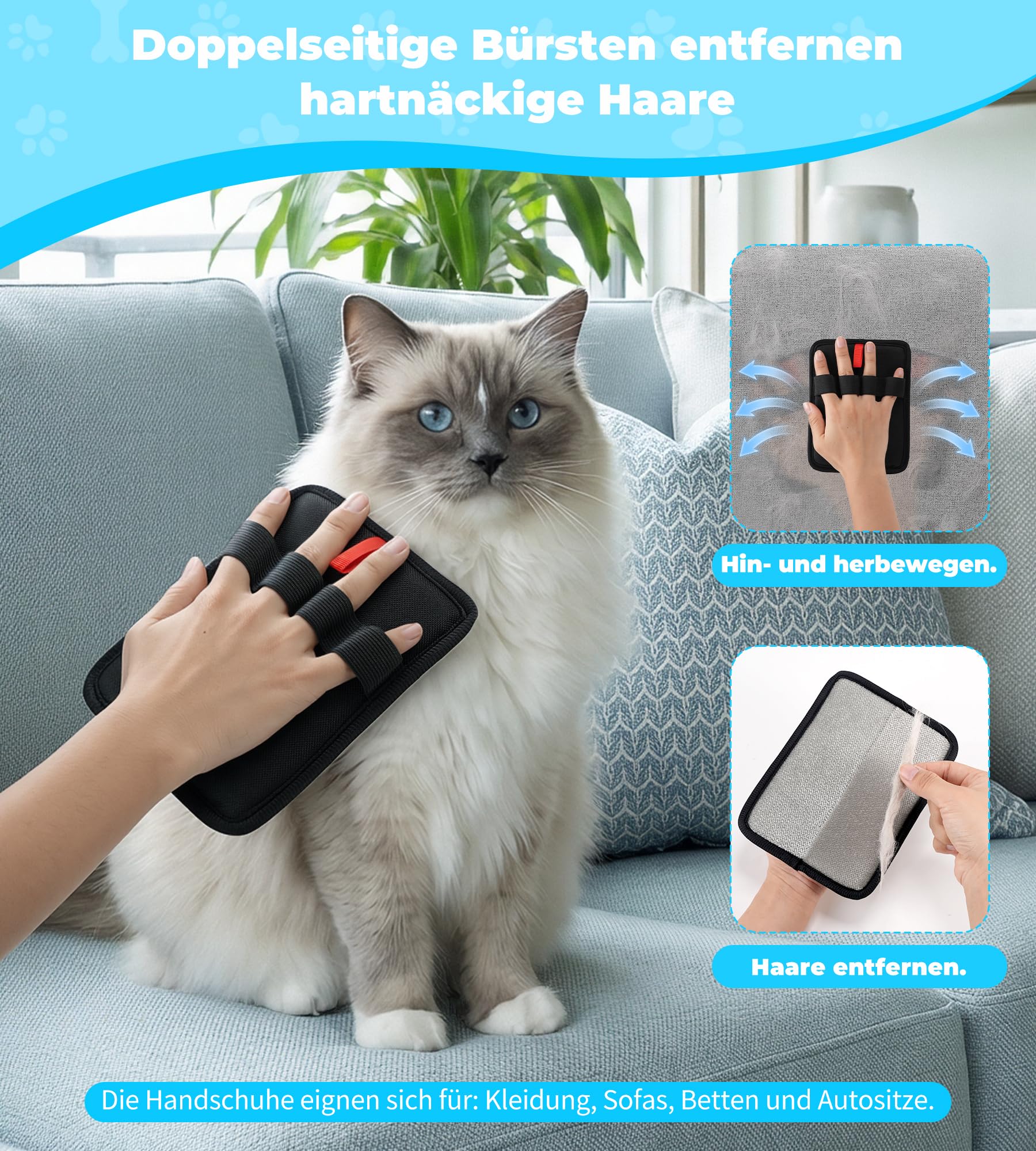 3-in-1-Tierhaarentferner: verstellbare, 160 cm Lange Teppichbürste, Handschuh zum Entfernen von Tierhaaren und tragbare Bürste zum Entfernen von Tierhaaren von Teppichen und Sofas