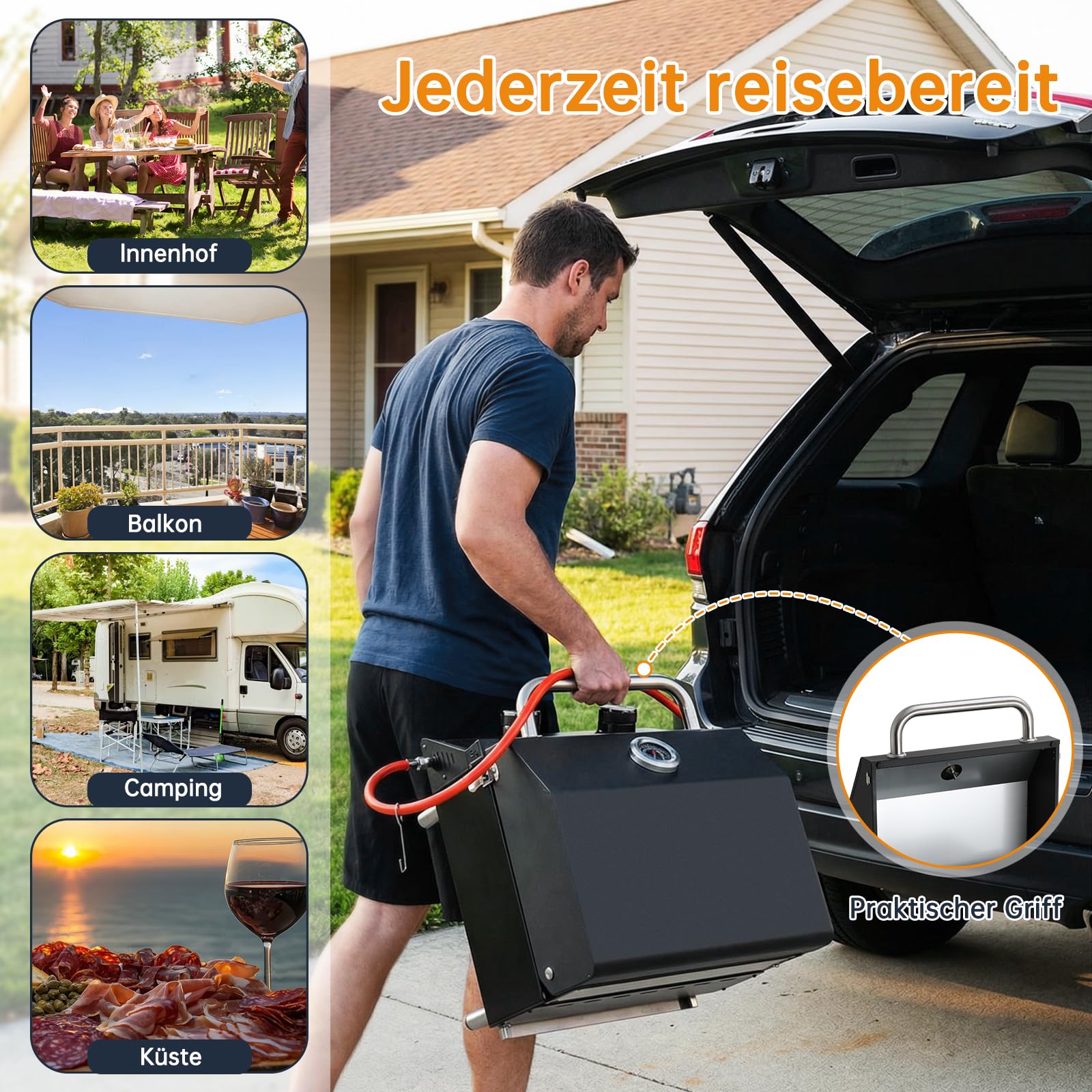 TLSUNNY 2 Brenner Gasgrill Klein, Tragbarer Tischgasgrill Kompakt mit Emaillierter Grillrost, Thermometer, Camping Gasgrill für BBQ, Balkon, Garten, 4.4kW, 42x33 cm Grillfläche, 4 PCS Füße, Schwarz