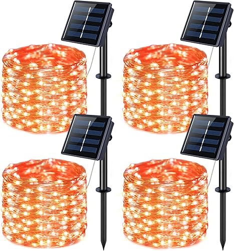 JMEXSUSS 100 luces LED solares de Halloween para exteriores, paquete de 4 luces de Halloween naranjas de 33 pies para exteriores, 8 modos de alambre