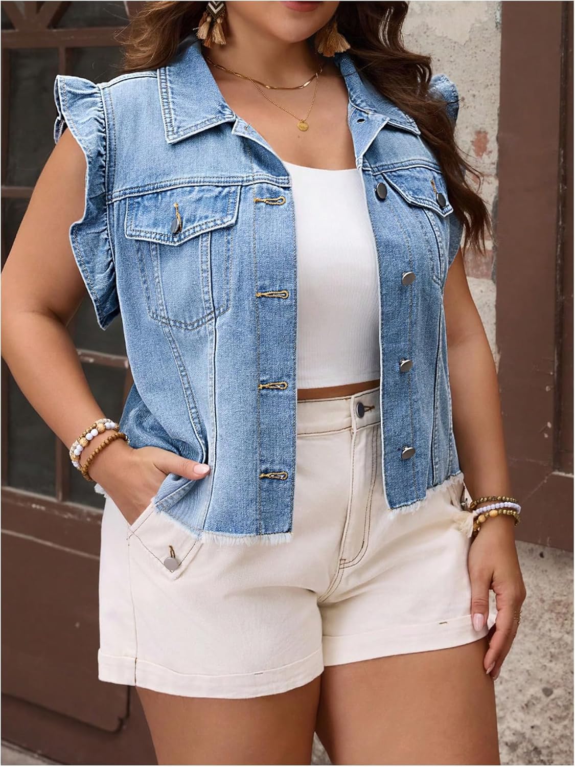 Women's Plus Size Ruffle Cap Sleeve Denim Jacket Button Down Jean Jacket Coat with Pocket - Image 5