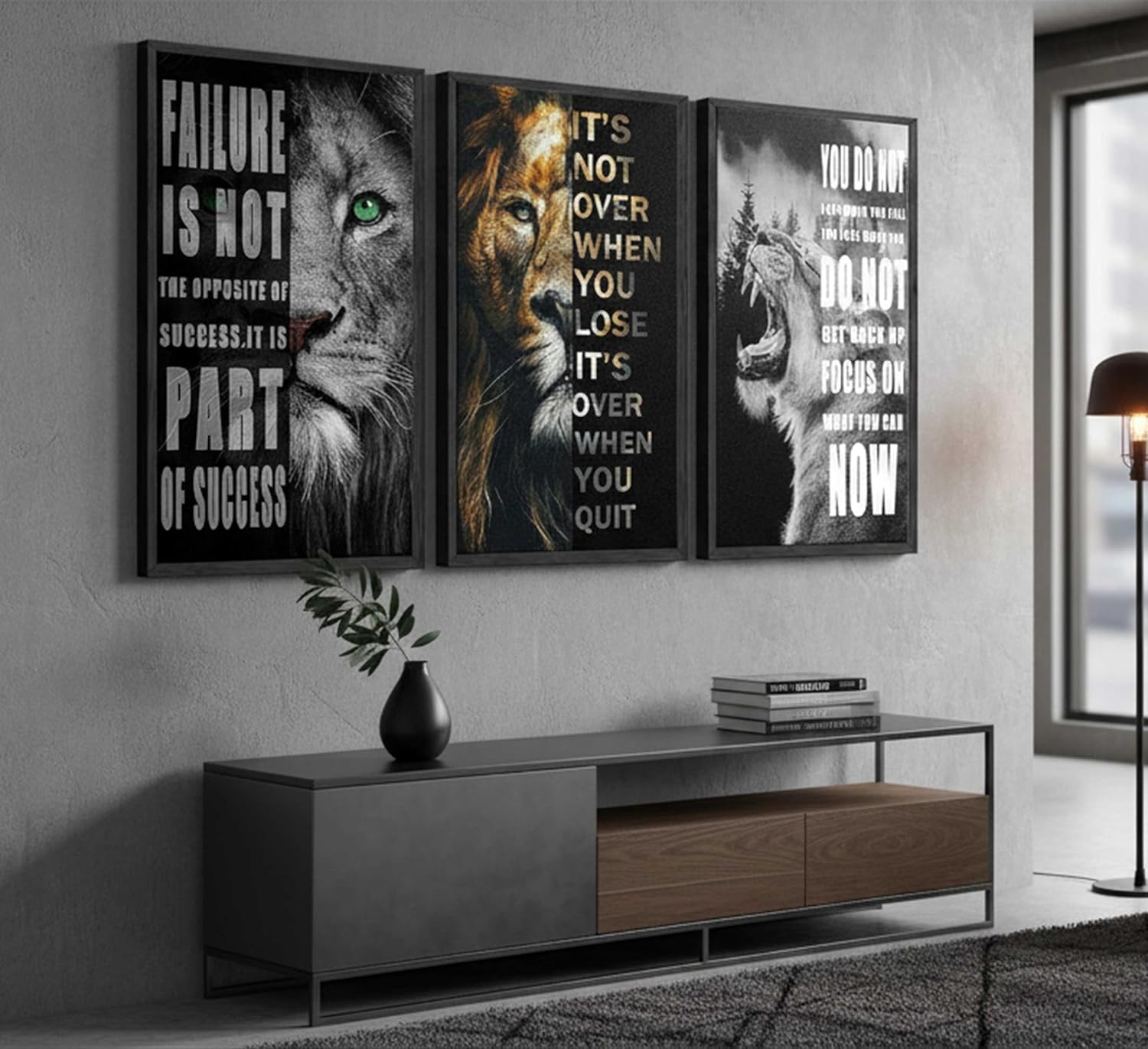 3 Pcs Office Inspirational Canvas Wall Art Modern Motivational Quotes Black And White Lion Pictures Wall Decor Inspiring Poster Print Artwork for Living room Man Room Bedroom Home Decoration Unframed