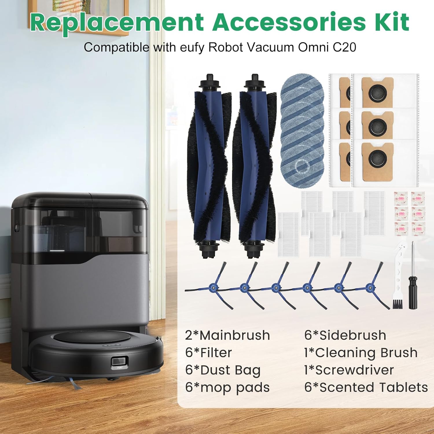 Pure Realm 34 Pack for eufy Vacuum Omni C20 Accessories Kit，2 Mainbrush 6 Filter 6 Dust Bag 6 mop pads 6 Sidebrush 1Cleaning Brush 1Screwdriver,6 Sachet