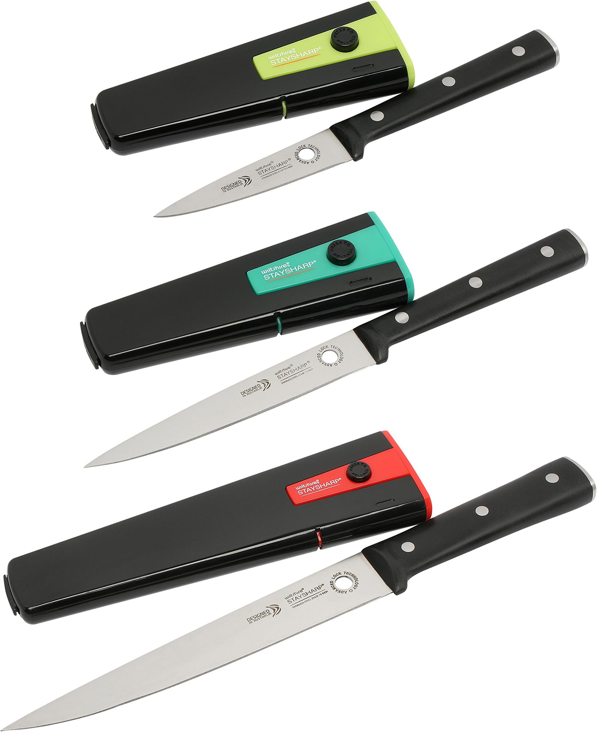 Wiltshire Stainless Steel 3 Piece Starter Knife Set with Built in Sharpener and Locking Sheath
