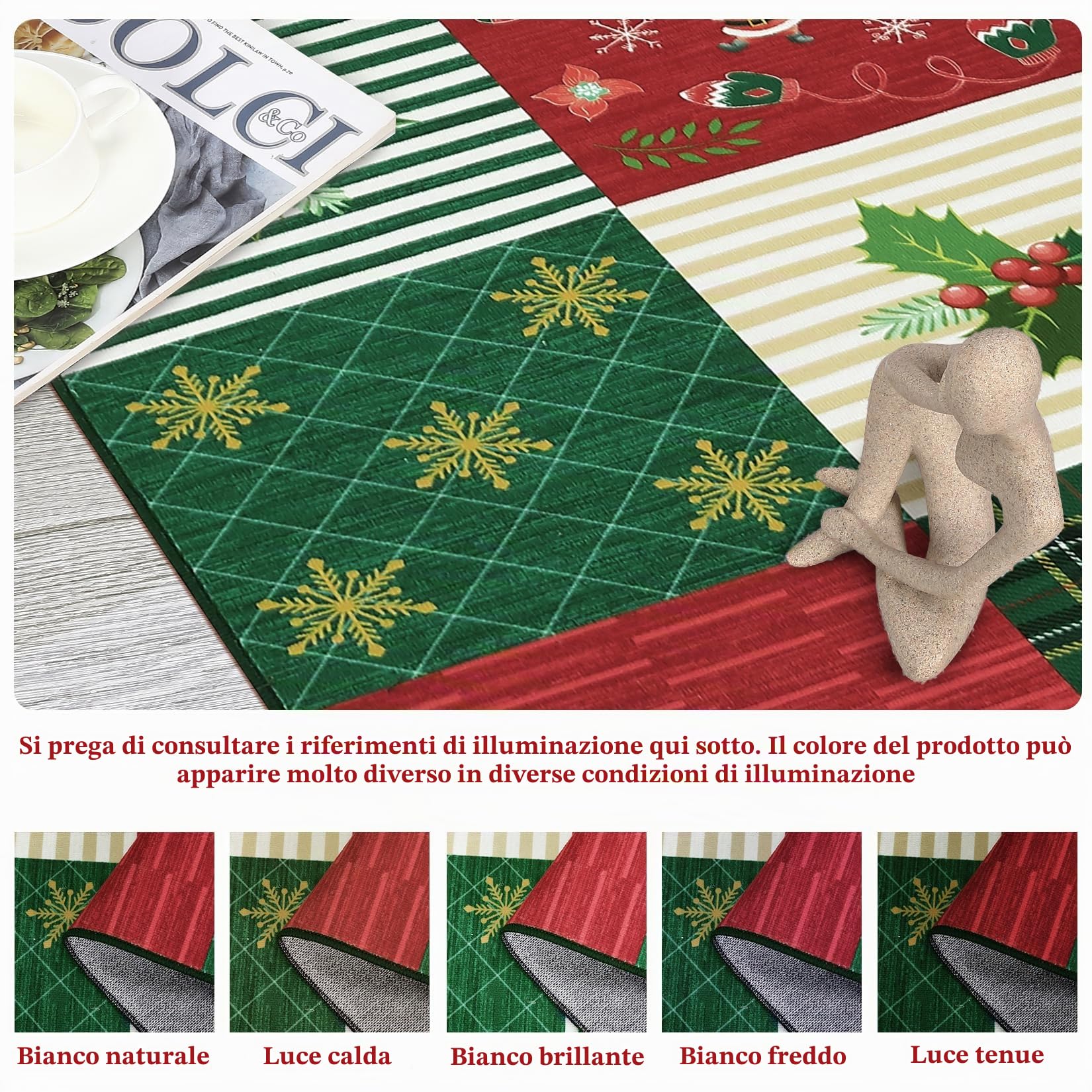 CAROMIO Tappeto per corridoio natalizio antiscivolo e lavabile, con motivo alce, Babbo Natale e fiocchi di neve, tappeto per porta d'ingresso, tappeto per ingresso