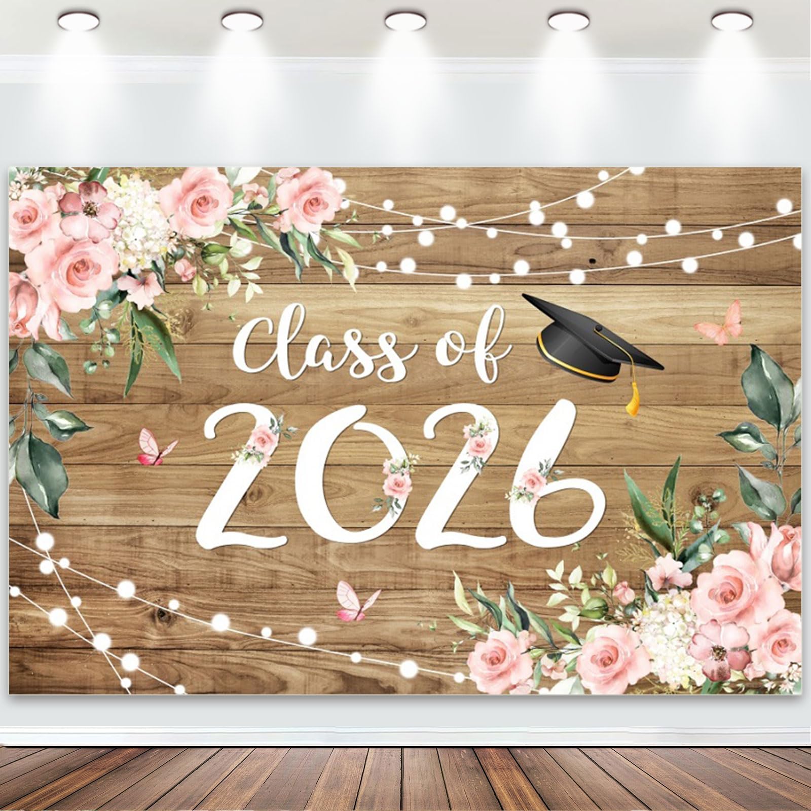 Fabric 6x4ft Graduation Party Decorations Backdrop Congrats Grad Class of 2026 Banner Rustic Wood Blush Pink Flowers Photography Background 2026 Grad