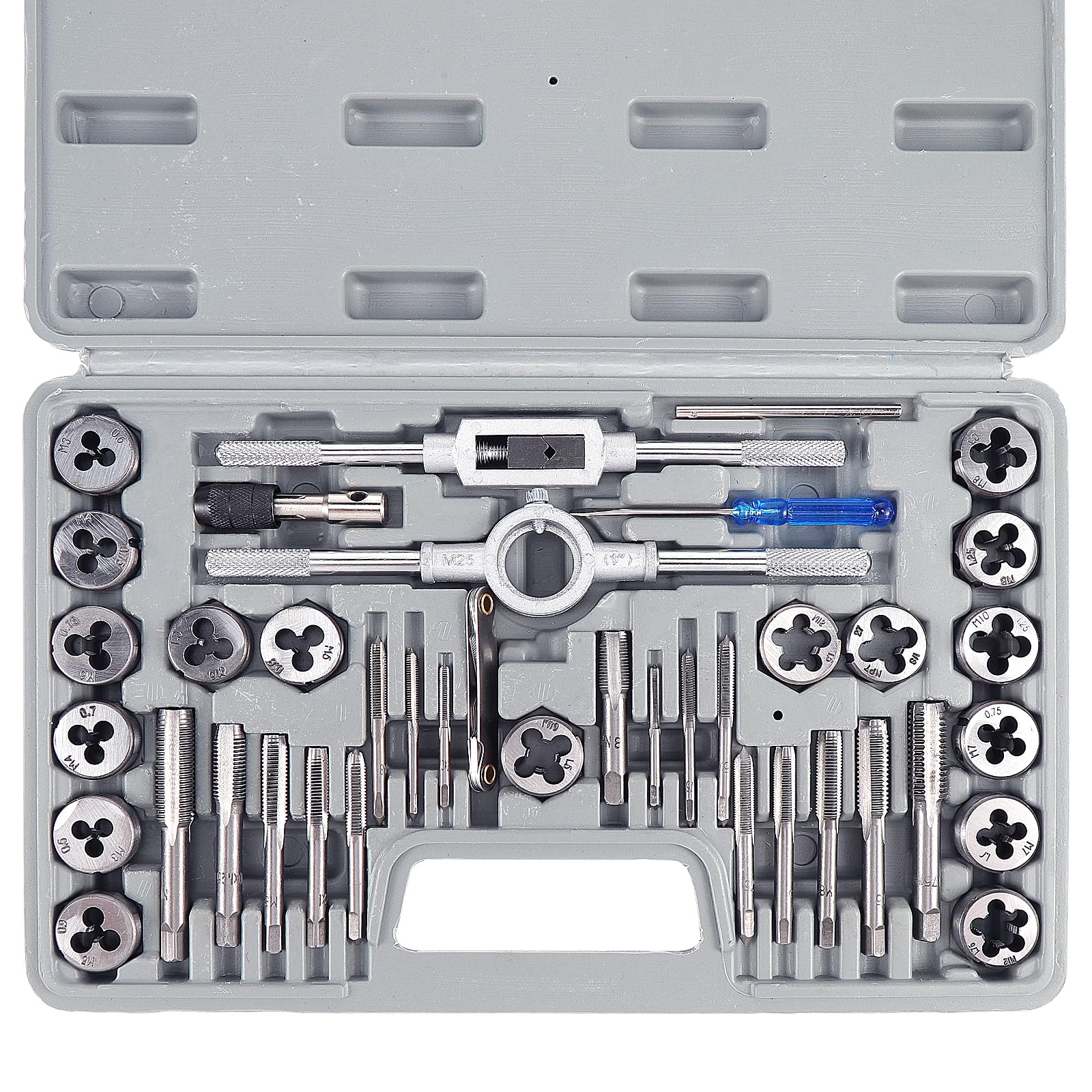 Gueenky 40 Piezas Juego de Machos y Matrices, M3-M12 Métrica Juego de Machos y Terrajas Herramienta para Roscar y Roscar con Galgas de Roscas para Cortar Roscas Internas Externas