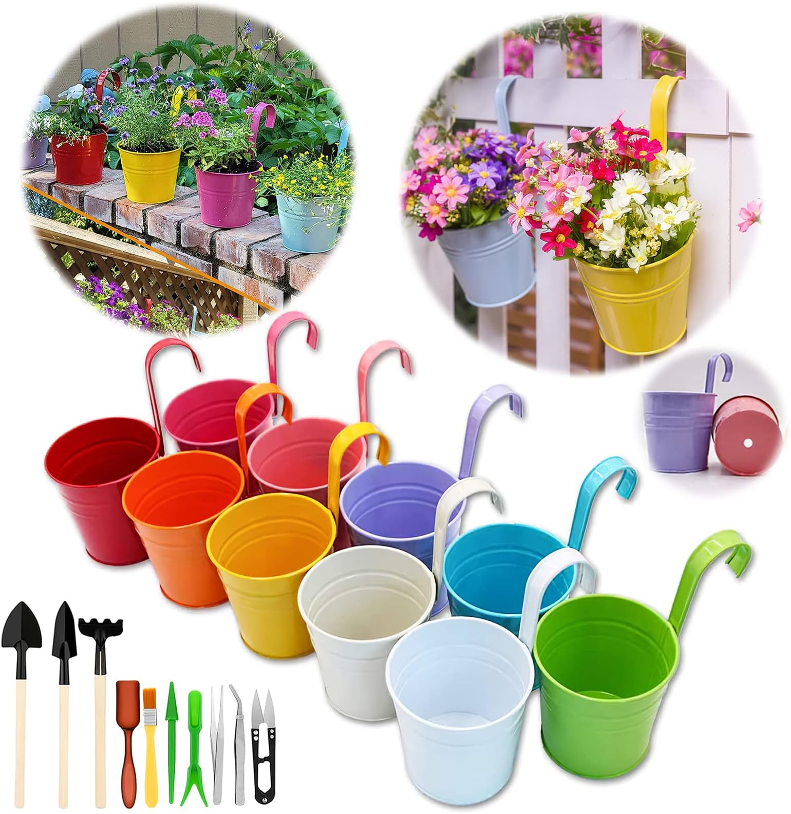 Hanging Plant Pots Large Metal Flower Pots, Colourful Fence Plant Pots Hanging Planter Bucket Set with Drainage Hole, Detachable Hook, Balcony Planters Garden Outdoor Decor (26x13.5x9.4cm plus set)