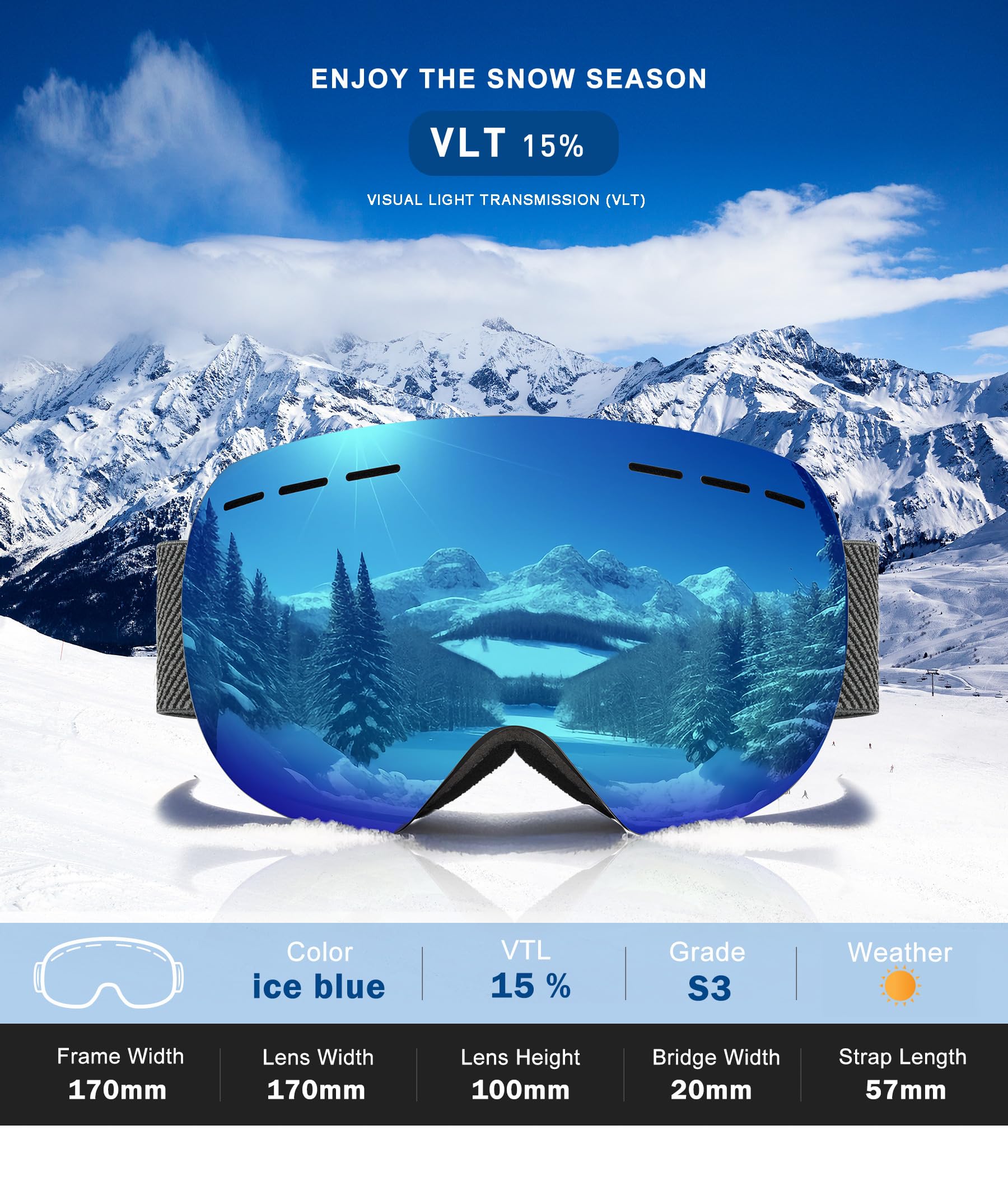 NSSIW OTG Lunettes de ski pour homme et femme avec protection UV et anti-buée