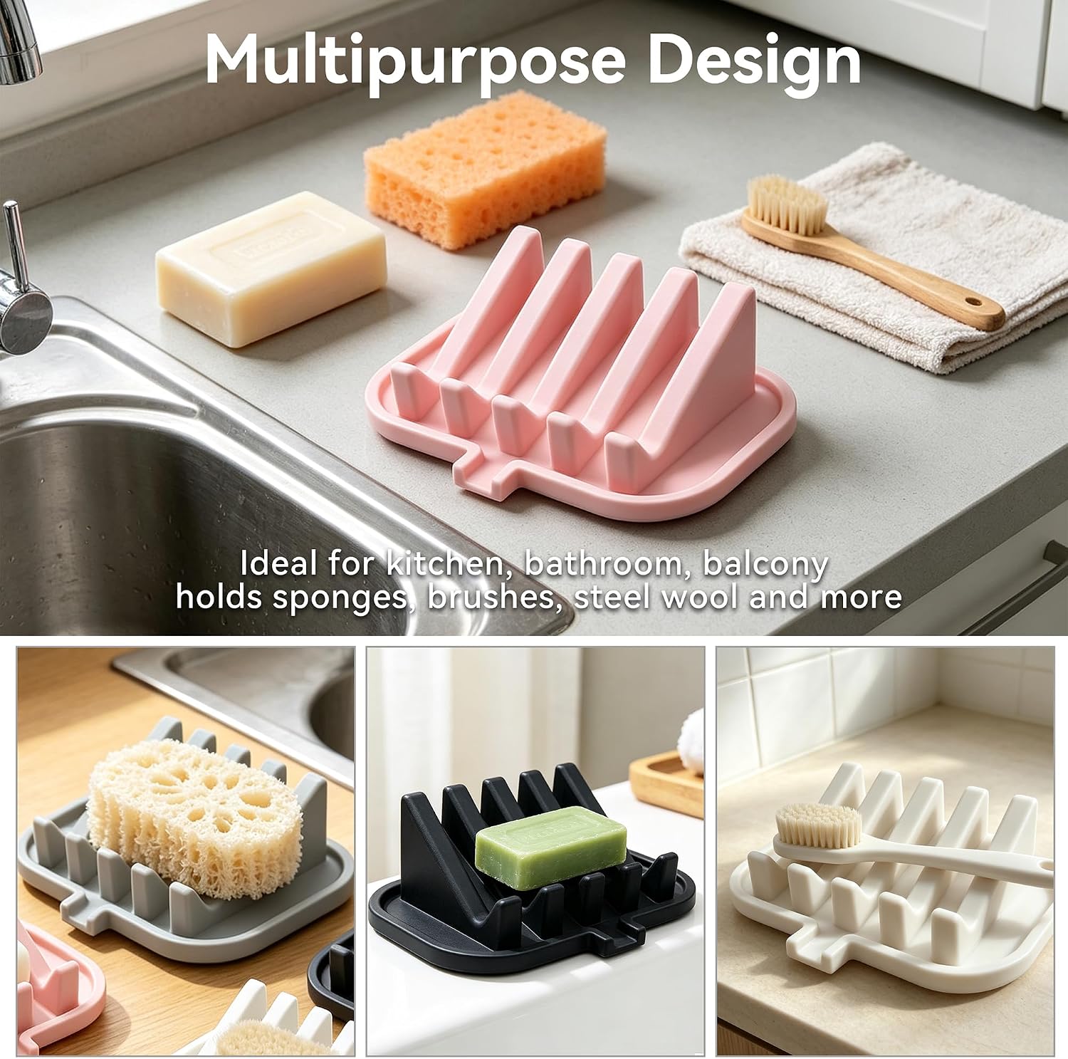 Silicone Waterfall Self‑Draining Soap Dish & Holder for Shower Sink, White