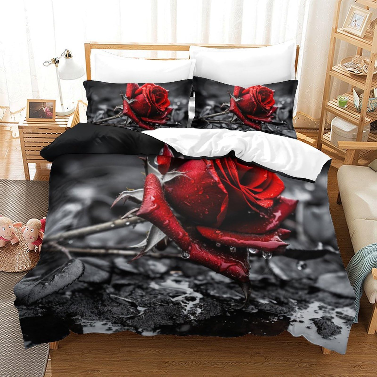 Housse de couette roses 3D en microfibre 260x220 cm pour lit Super King