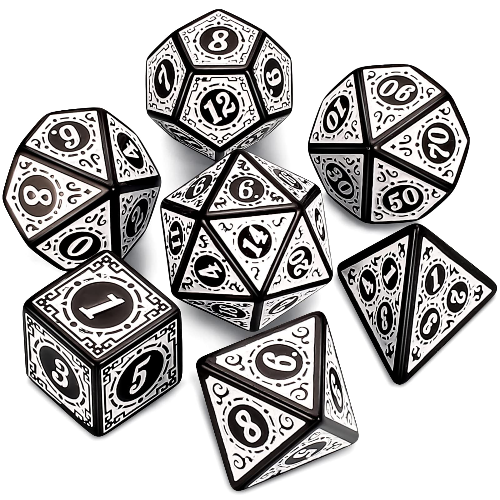 QMAY DND Dice Polyedrisches Würfel Set - 7 Stück für Dungeon und Dragons MTG RPG D&D D20, D12, D10, D%, D8, D6, D4 (Weißes Gravurmuster)
