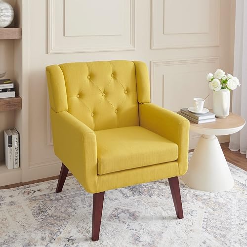 Miniatura 20 de Living&Giving Silla decorativa tapizada con botones, cómoda lectura, moderna de mediados de siglo, con brazo de sala de estar de tela de lino para