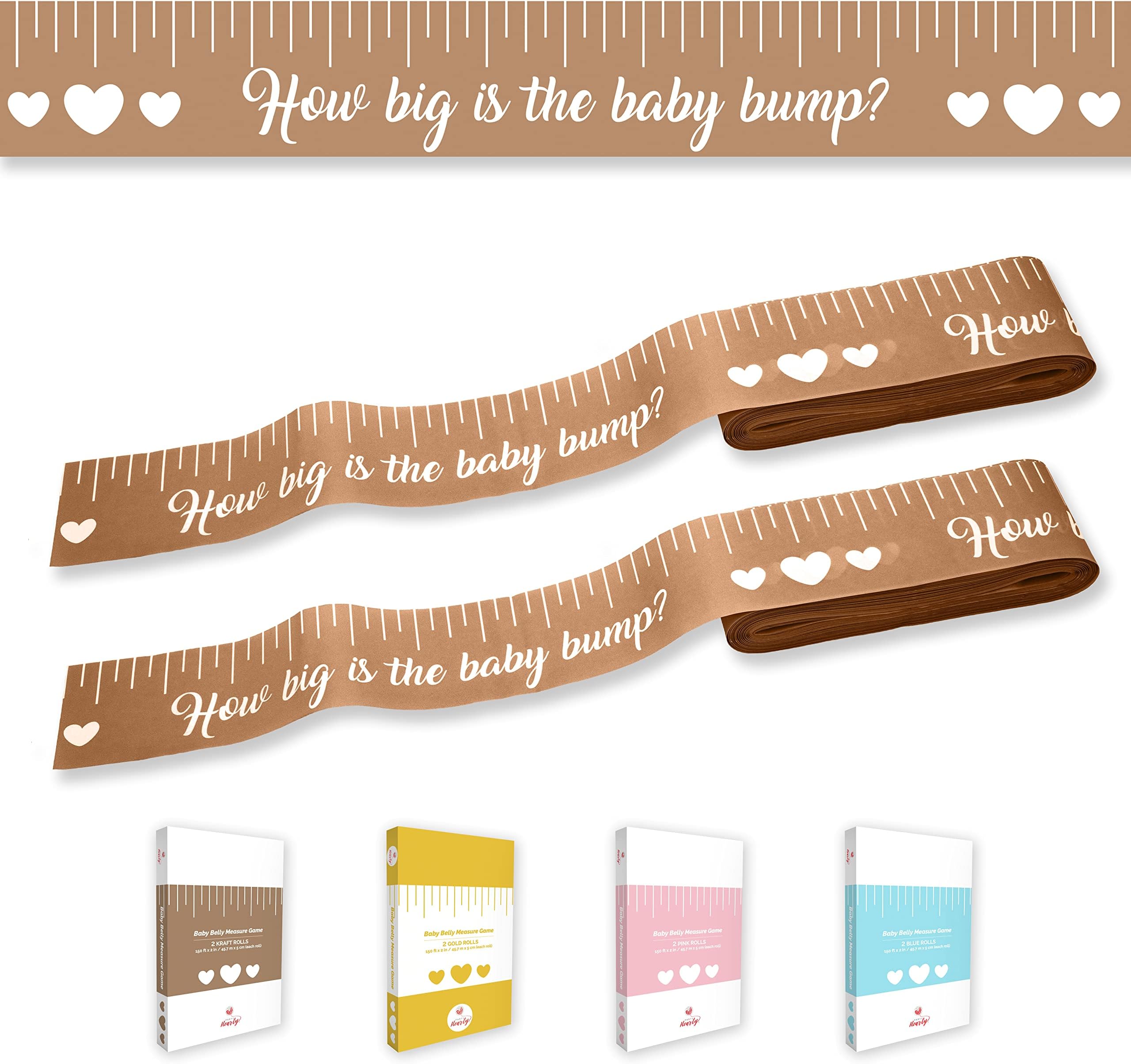 Party Hearty Baby Shower Games Gender Neutral 2 Rolls 2 inch x 150 feet Tummy Measure, Kraft Measure Tape, Fun & Easy to Play, Party Favors and Supplies