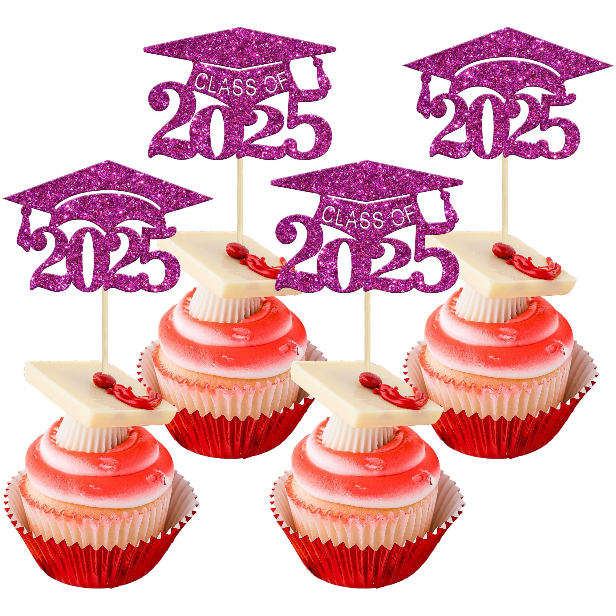 Gyufise 24Pcs 2025 Graduation Cap Cupcake Toppers Glitter Glitter Class of 2025 Grad Cap Cake Picks for 2025 Graduation Theme Party Cake Decorations Purple