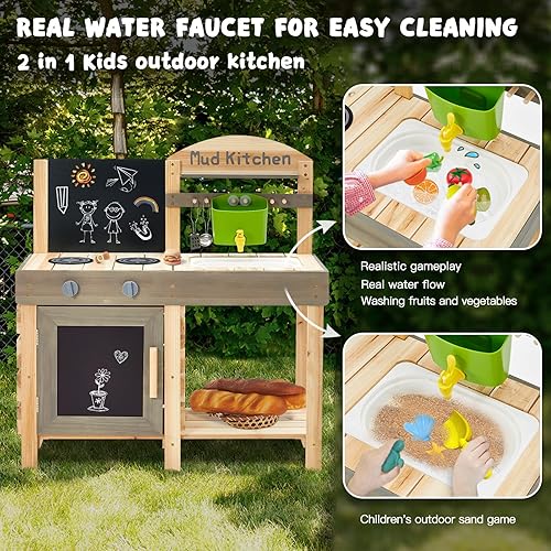 Miniatura 2 de Cocina de barro para niños, cocina de simulación al aire libre con grifo, estufas de pizarra extraíbles, accesorios de cocina de madera para niños,