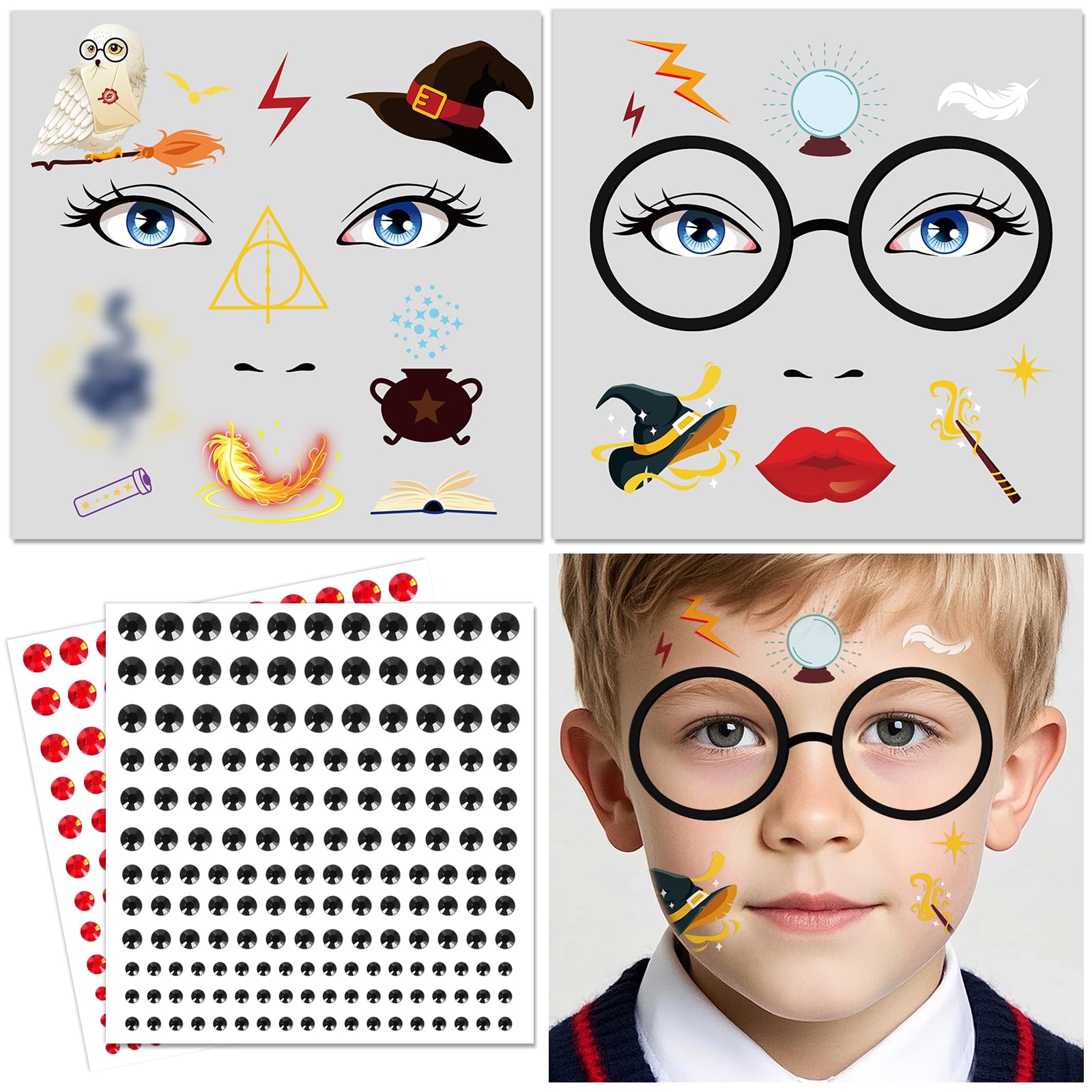 DPKOW Magical Wizard Face Tattoos Halloween Makeup Accessories Magical Wizard Temporary Tattoos with Face Gems Halloween Face Stickers Accessories for Adult Kids Cosplay Costume Makeup Supplies - Image 3