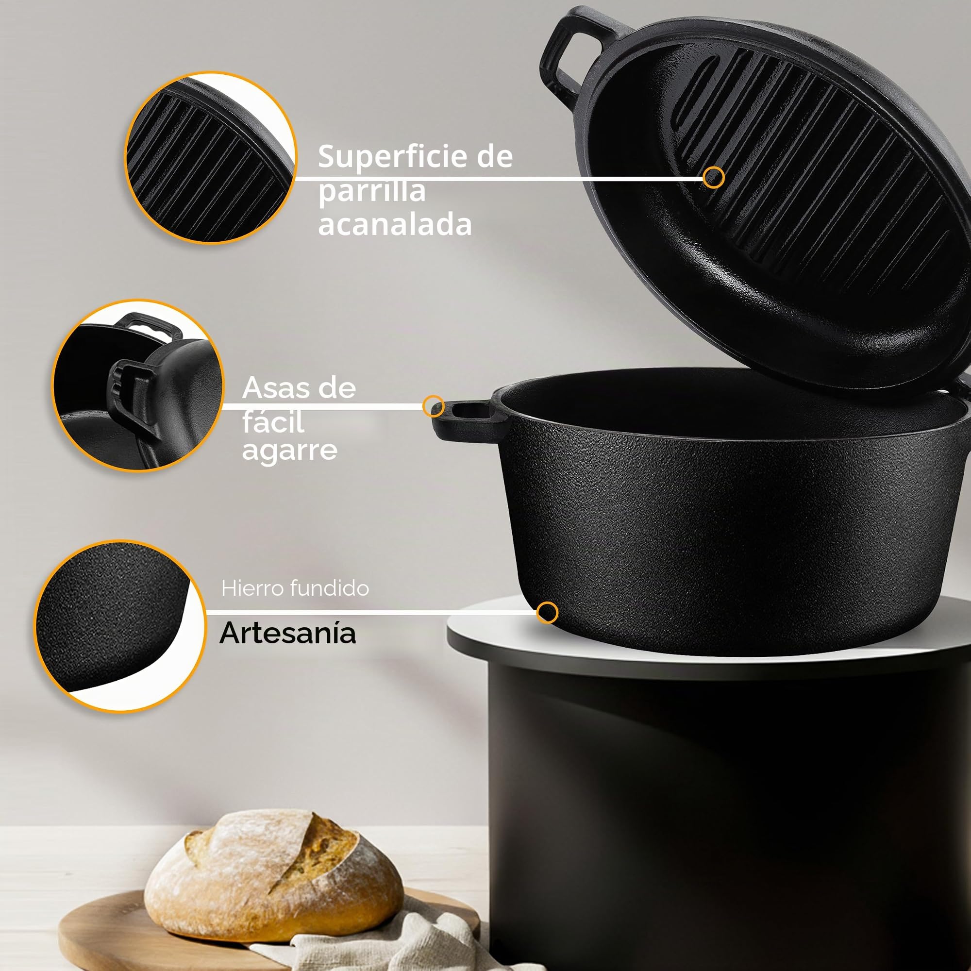 KICHLY 2 en 1 Olla De Hierro Fundido Pre-Sazonada Con Tapa Para Asar - Cocinar Al Horno, Freír, Asar, Guisar, Dorar Y Parrilla - Cocina De Interior Y Exterior