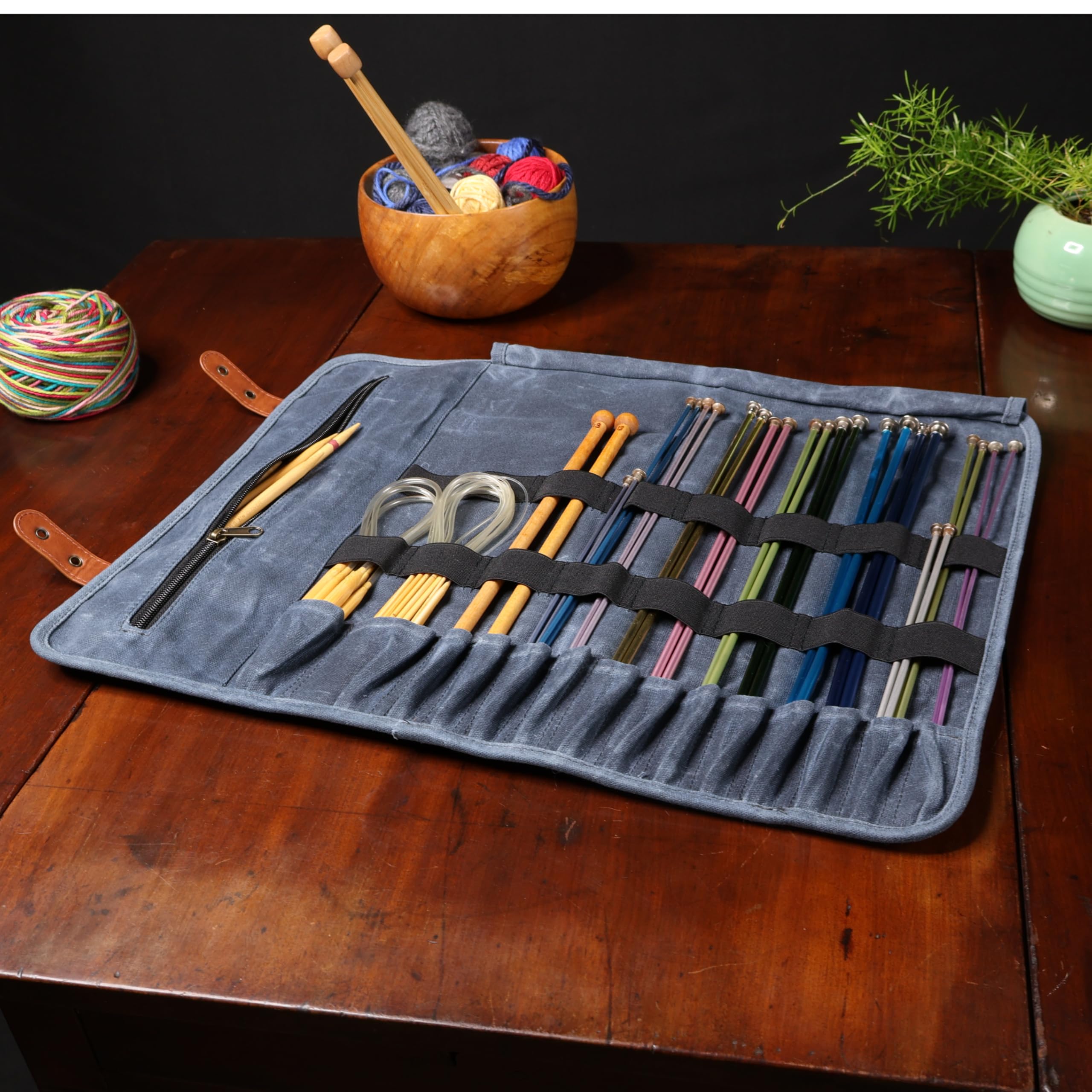 Earth & Fiber Co. Gewachstes Canvas-Stricknadeletui (bis zu 40,6 cm) – Stricktasche – Stricknadel-Organizer – Aufbewahrung von Stricknadeln – Rundstricknadeletui (grün)