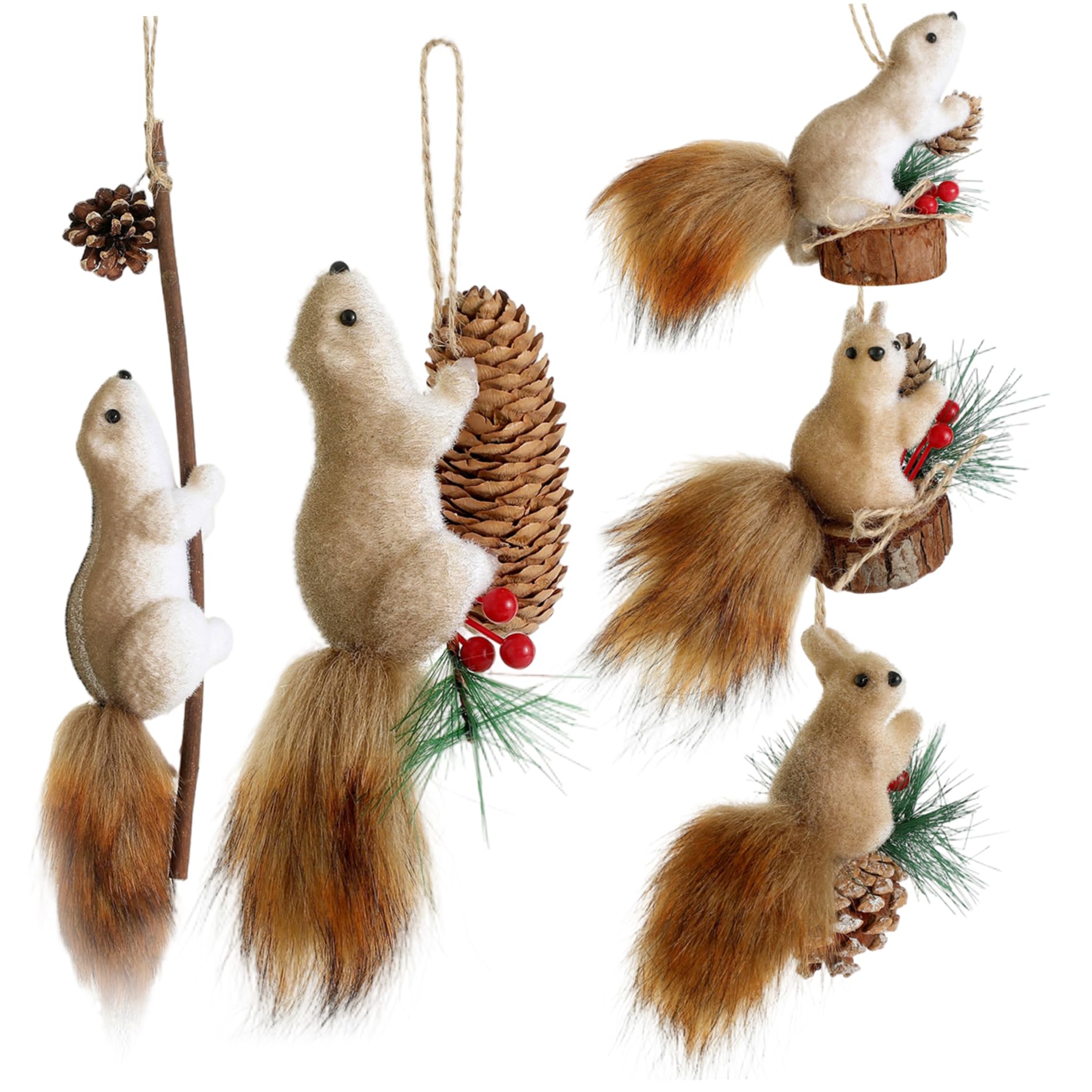 5Pcs Animal Christmas Ornaments, Cute Furry Squirrels Christmas Ornaments Faux Furs Plush Hanging Animal for Holiday Xmas Tree Home