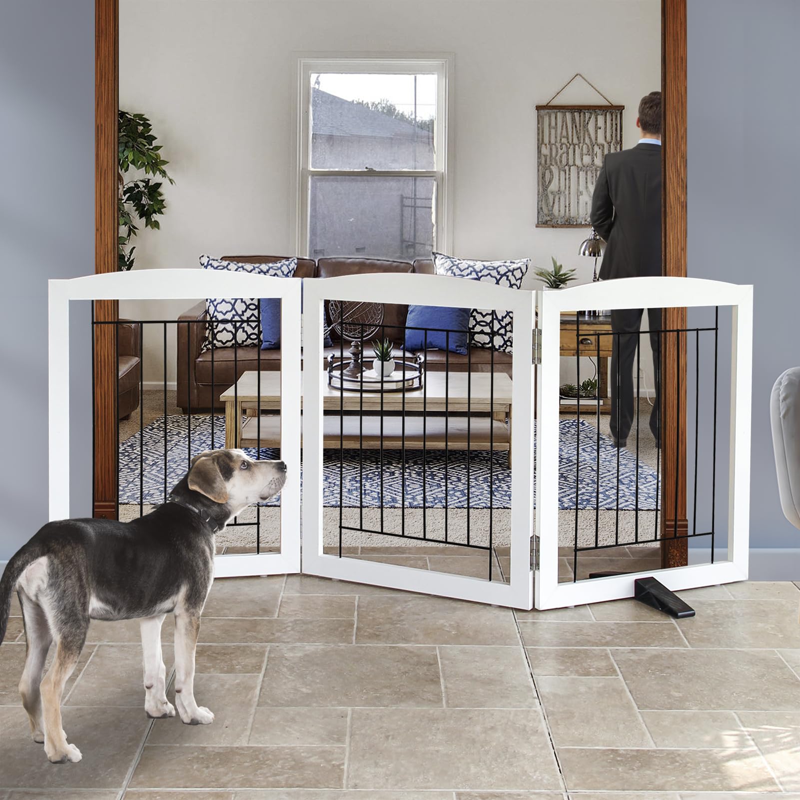 ZJSF Freestanding Dog Fence Indoor, Foldable Dog Gate for Doorways, Stairs or Hallways, Sturdy Wood Extra Wide Pet Gate with Support Feet for The House, White, 24 "Height-3 Panels