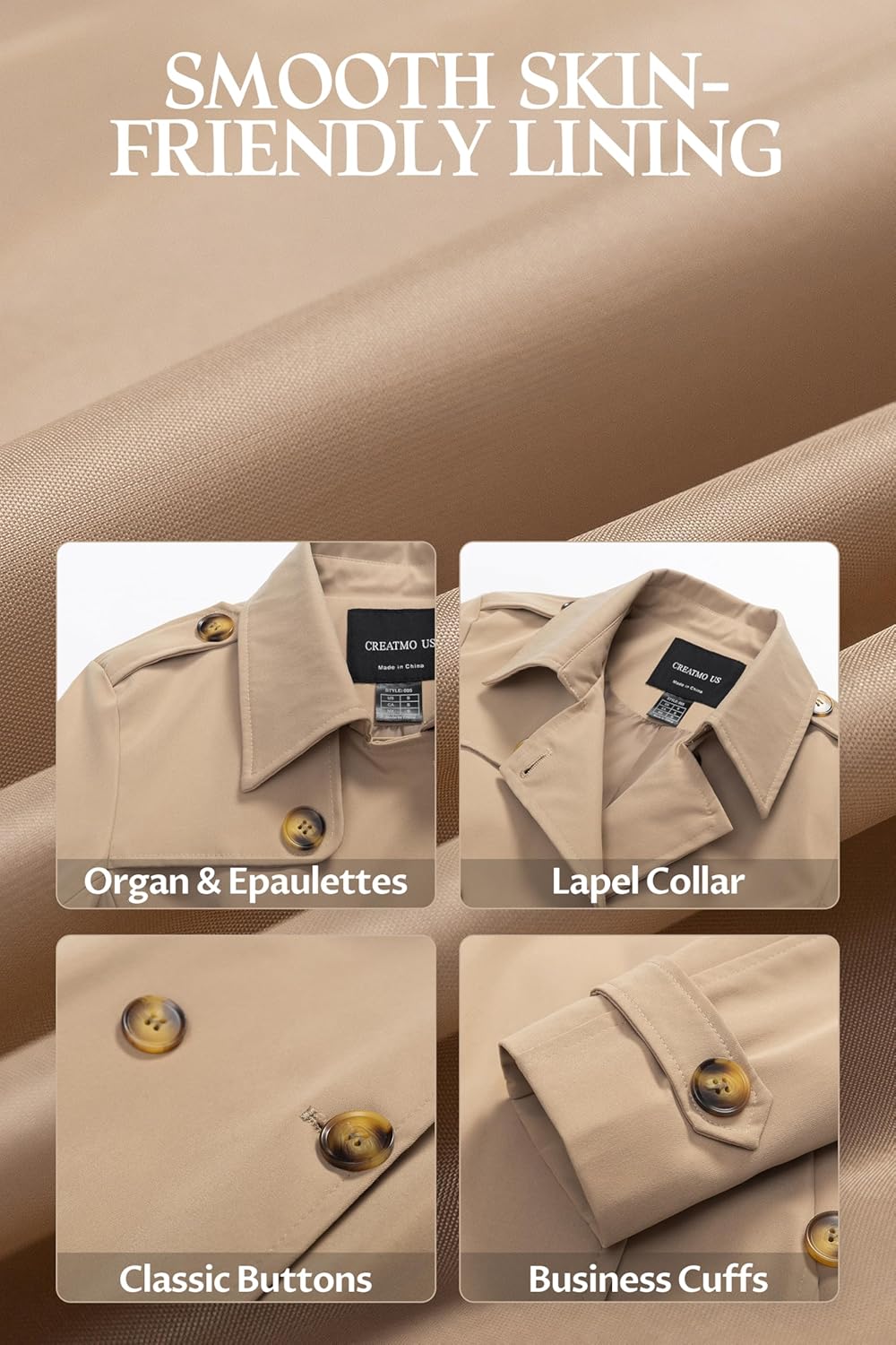 CREATMO US Women's Cropped Trench Coat Classic Double Breasted Lapel Jacket Water Repellent Outerwear - Image 6