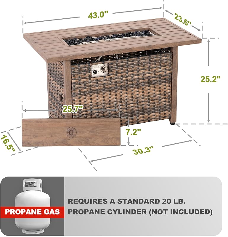 Nuu Garden 43" Propane Fire Pit Table, 50,000 BTU CSA-Listed Rattan Outdoor Gas Fire Pit with Lid & Glass Beads, Smokeless Rectangular Patio Heater Table for Backyard, Deck, Garden, Brown image 5