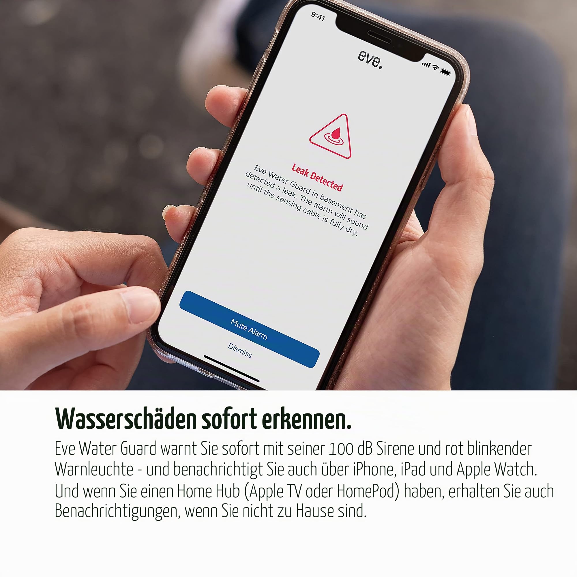 Eve Water Guard - Smart Home Wasserleckdetektor,2,0 m Sensorkabel,100 dB Sirene,(Apple HomeKit),App-Benachrichtigungen,Bluetooth,Thread, Weiß, 20EBZ8701