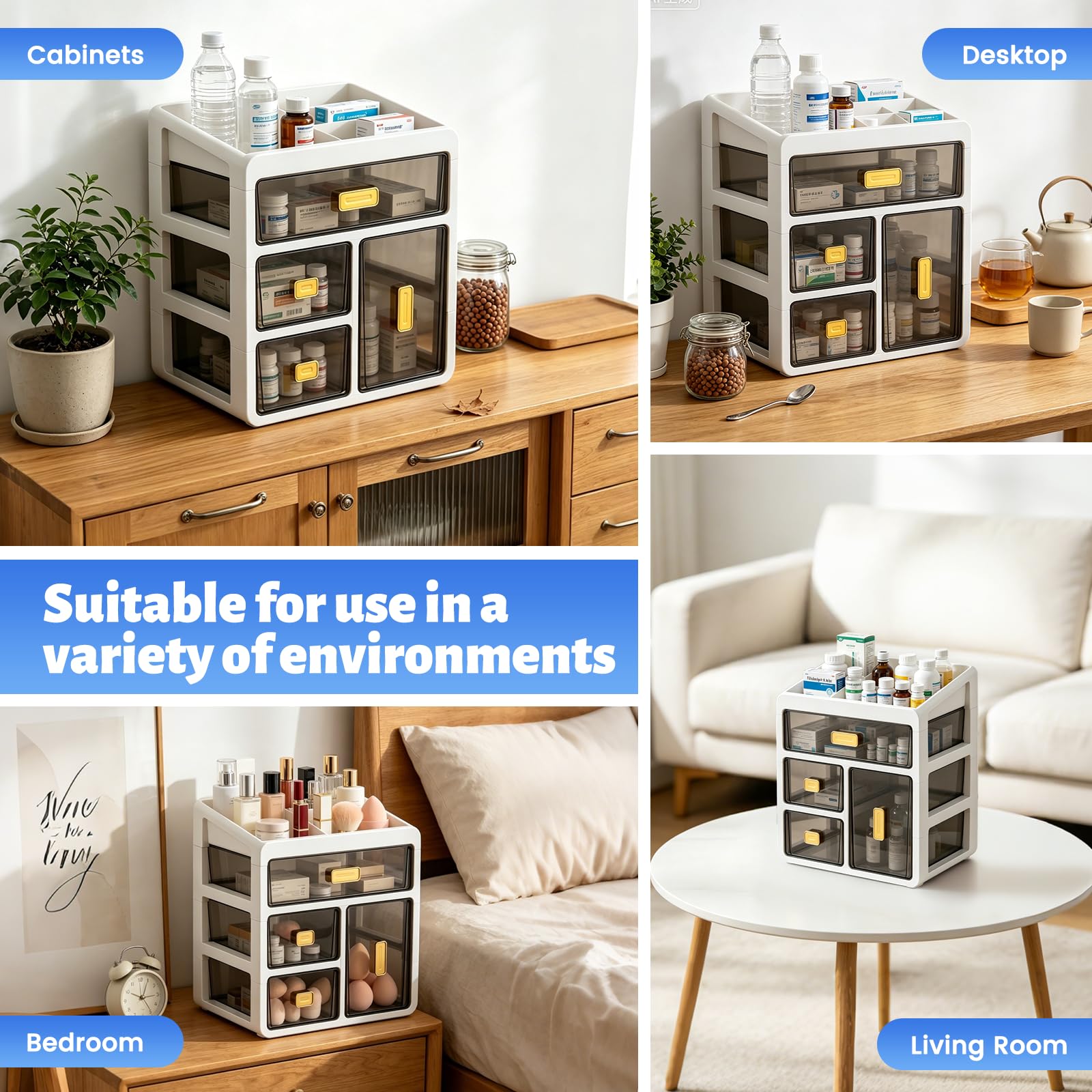 Boîte de Rangement à Quatre Tiroirs,Armoire Pharmacie en Plastique Blanc,Organiseur de Médicaments avec Tiroirs Transparents,Grand Rangement pour Medicaments et Petits Cosmétiques,pour Maison Bureau