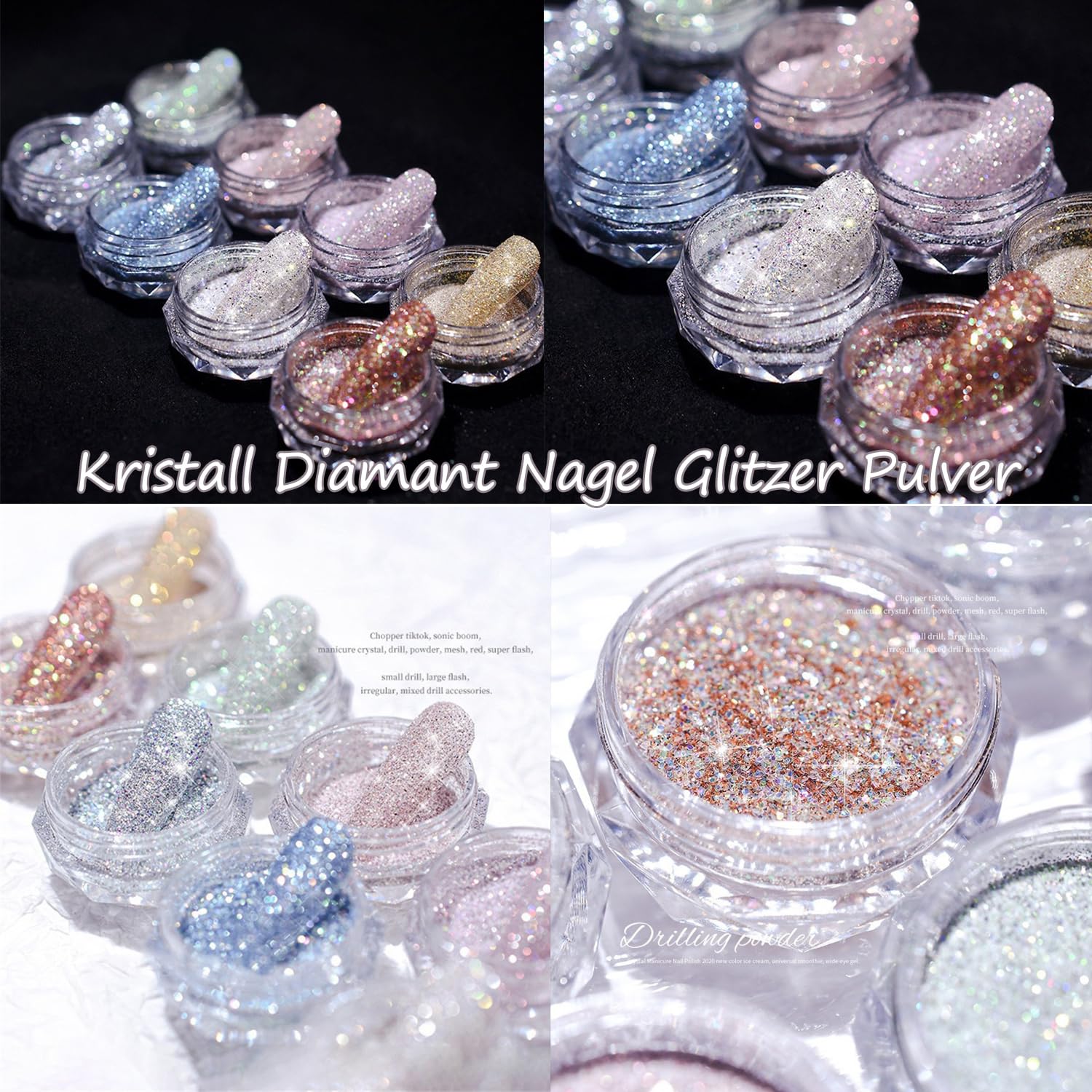Kryształ diamentowy proszek do paznokci, 8 sztuk, kryształowy diament, brokatowy puder do paznokci, złoty, srebrny, różowe złoto, niebieski, szkło, kamień, chrom, błyszczący, pigment do