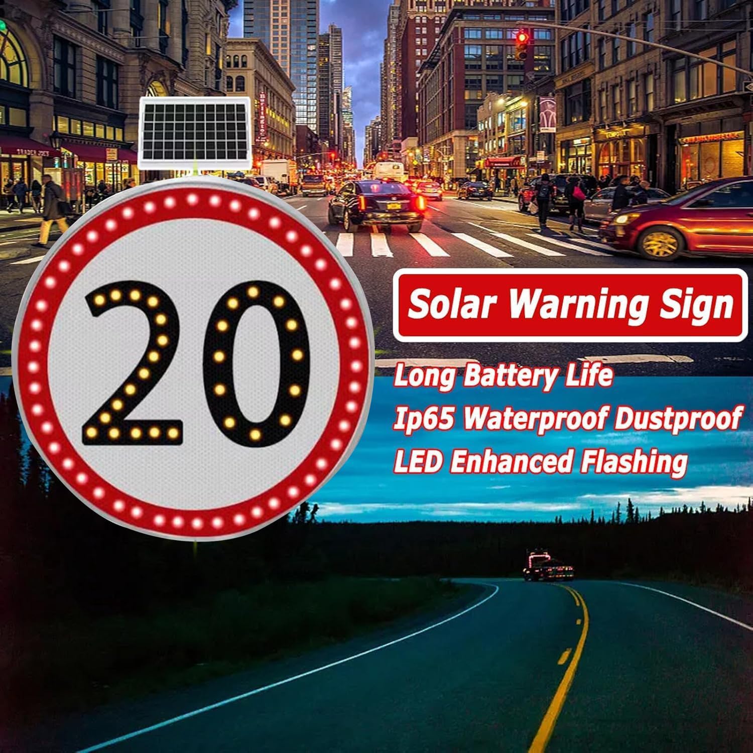 24" LED Flashing Solar Powered Speed Limit 20/30/40/50/60/80 Sign Sign in Traffic Road Highway (20)