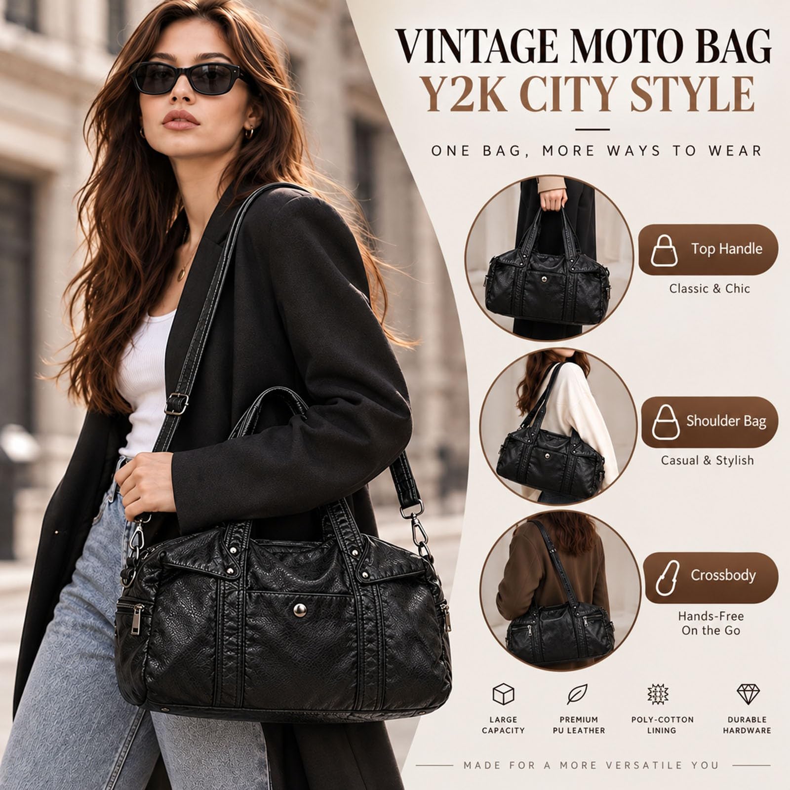 Bolso Mujer Grande, Vintage City Bag Y2K de Cuero PU, Tote Bag Hobo