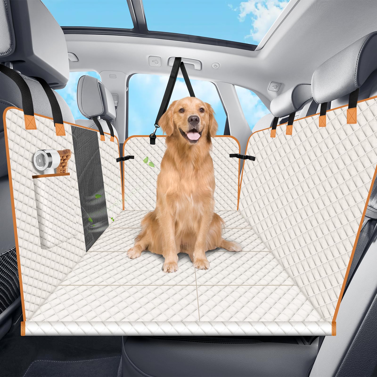 Lekespring Dog Car Seat Cover for Back Seat, Dog Car Bed Cover with Strong Hard Bottom, Back Seat Extender Hammock for Cars SUV Truck 4 Panels Beige
