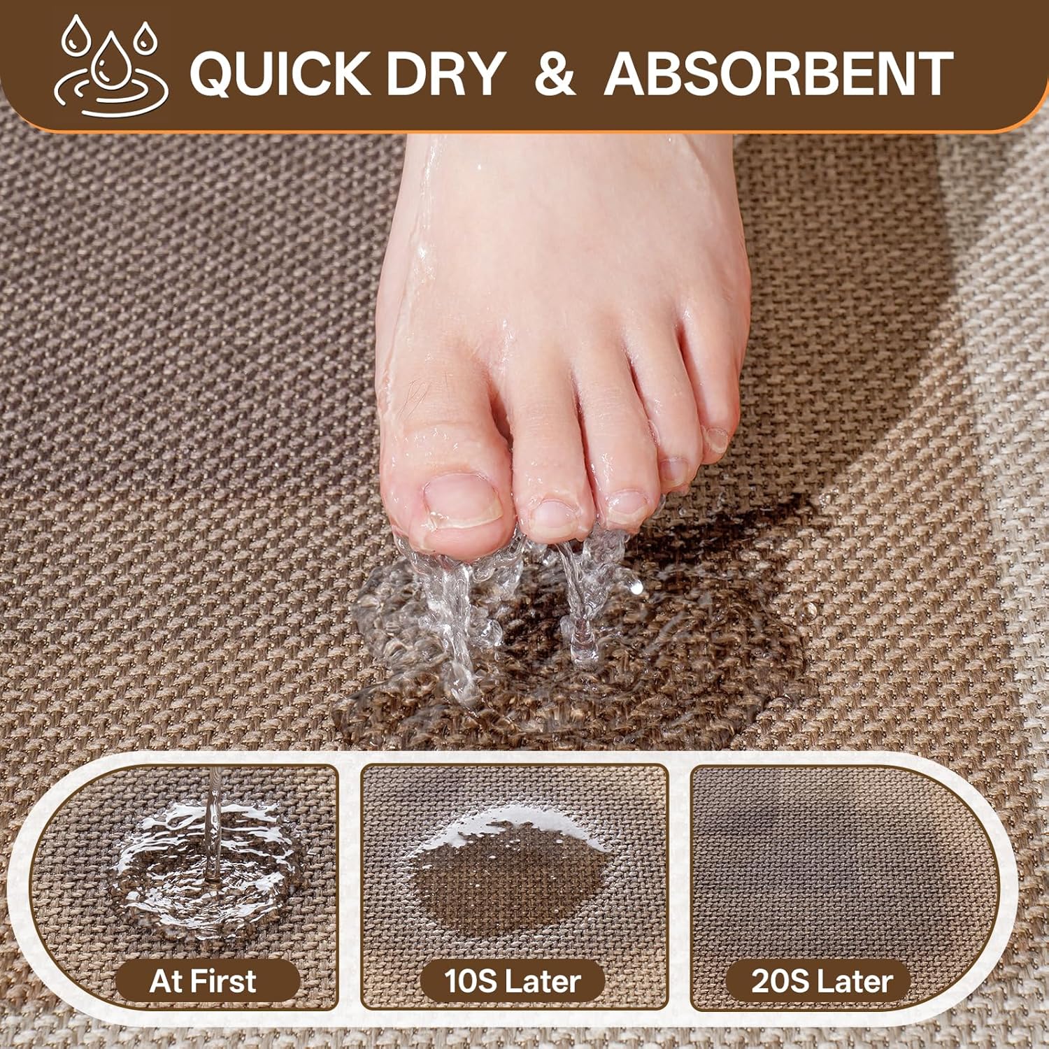 Ultra Thin Bath Mat Bathroom Rugs, Quick Dry Super Absorbent Washable Bath Shower Mats, Rubber Backing Non Slip Bathroom Rug Fit Under Door, Brown 24x36