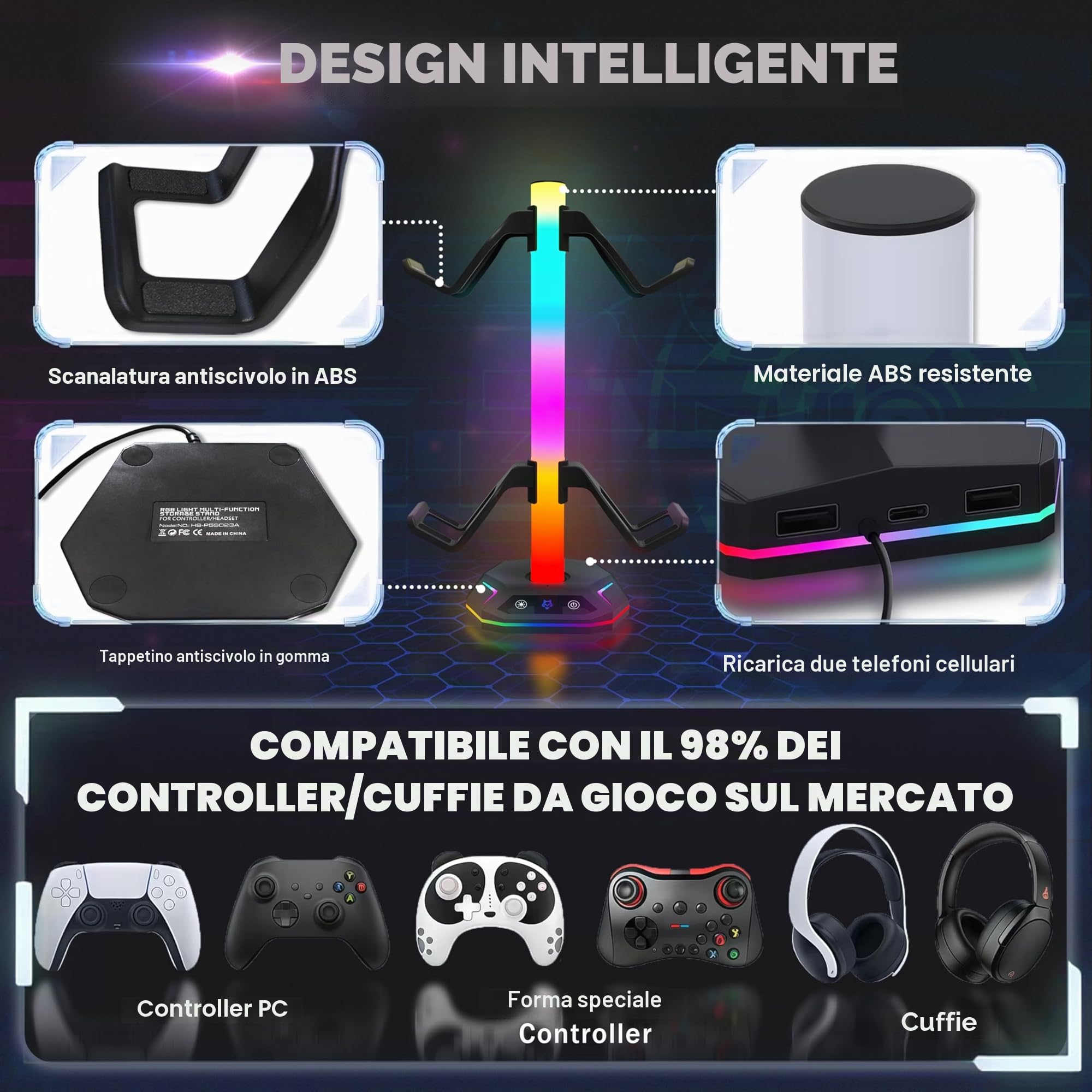 auvstar Porta Joystick Supporto Cuffie Gaming USB Type-C con Retroilluminazione RGB 10 Modalità (Nero)
