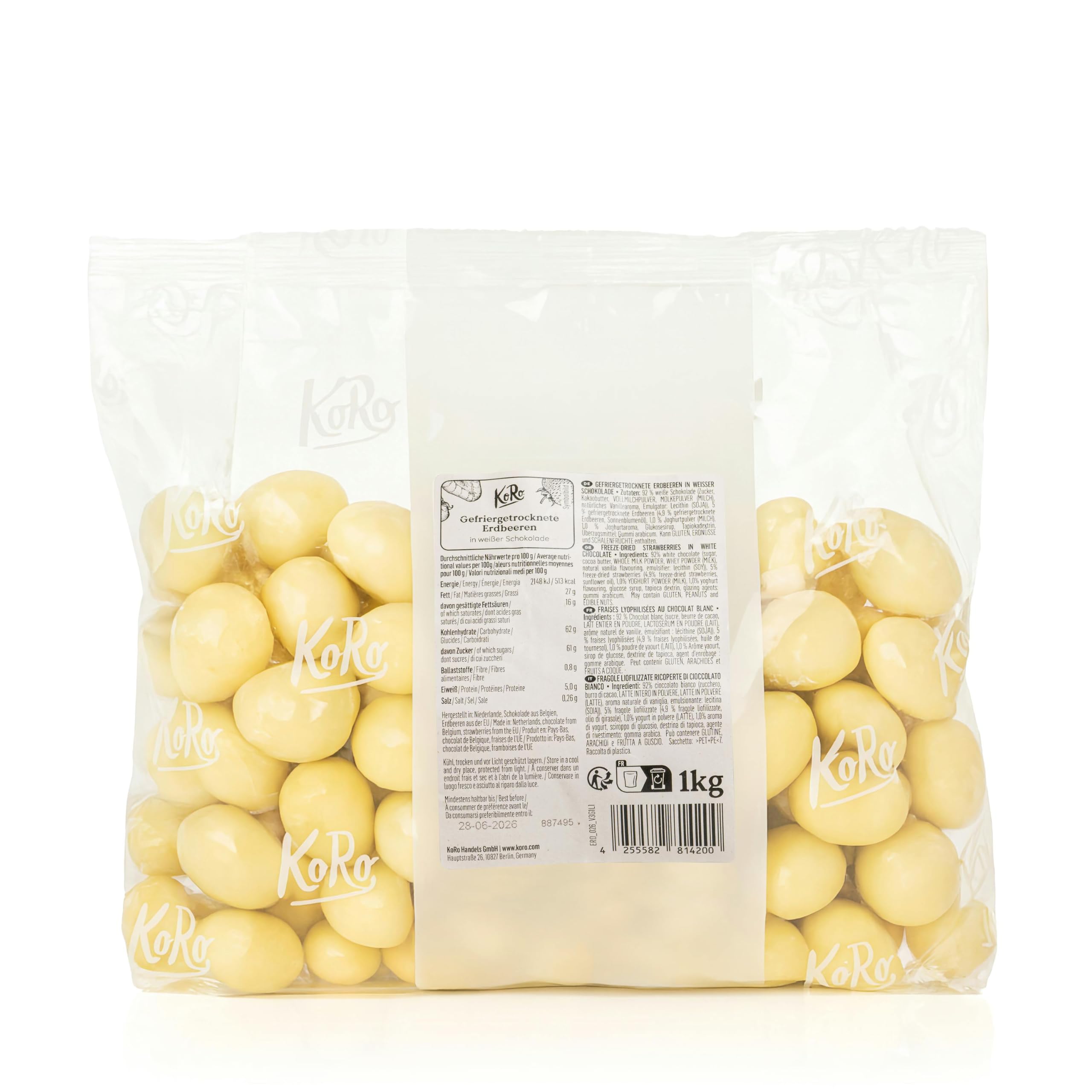 KoRo - Fragole liofilizzate al cioccolato bianco 1 kg - Il cioccolato incontra la frutta - Spuntino ideale - Croccanti e golose