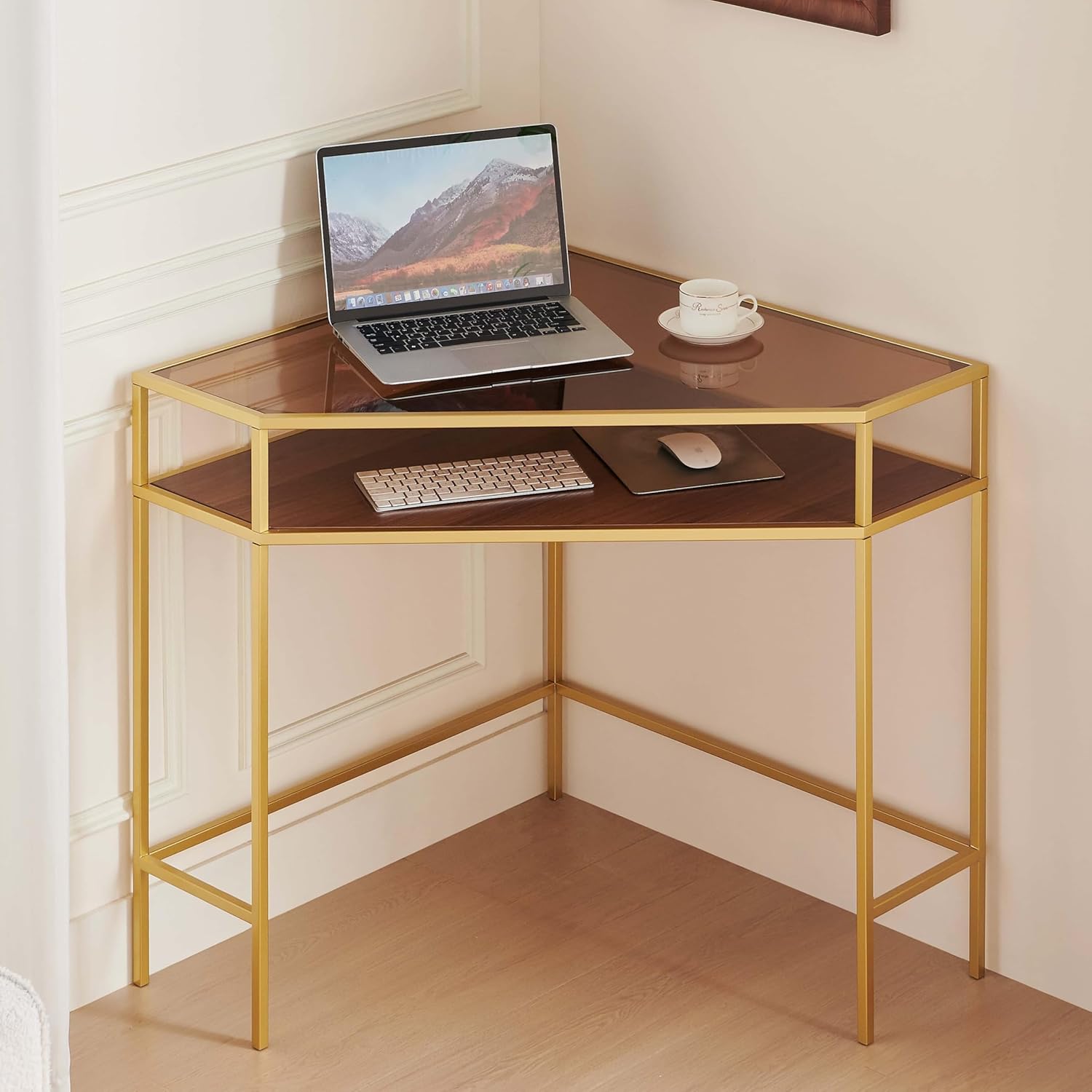 Corner Table for Small Space, Triangle Computer Desk for Living Room, Bedroom, Workstation, Office, 2-Tier Structure, Amber Glass Top and Walnut Shelf with Gold Finish Frame