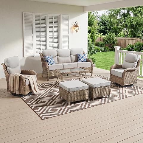 6-Piece Wicker Patio Conversation Set with Swivel Rocker Chairs, 6-Inch Thick Cu