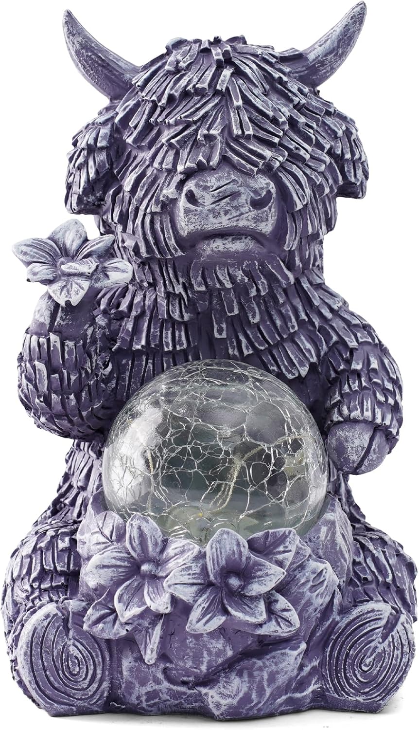 Gray Highland Cow Garden Statue with Solar Crackle Globe Light - Whimsical Resin Figurine for Outdoor Patio, Lawn, Yard Decor, Unique Birthday & Housewarming Gift for Women, Mom, Friends